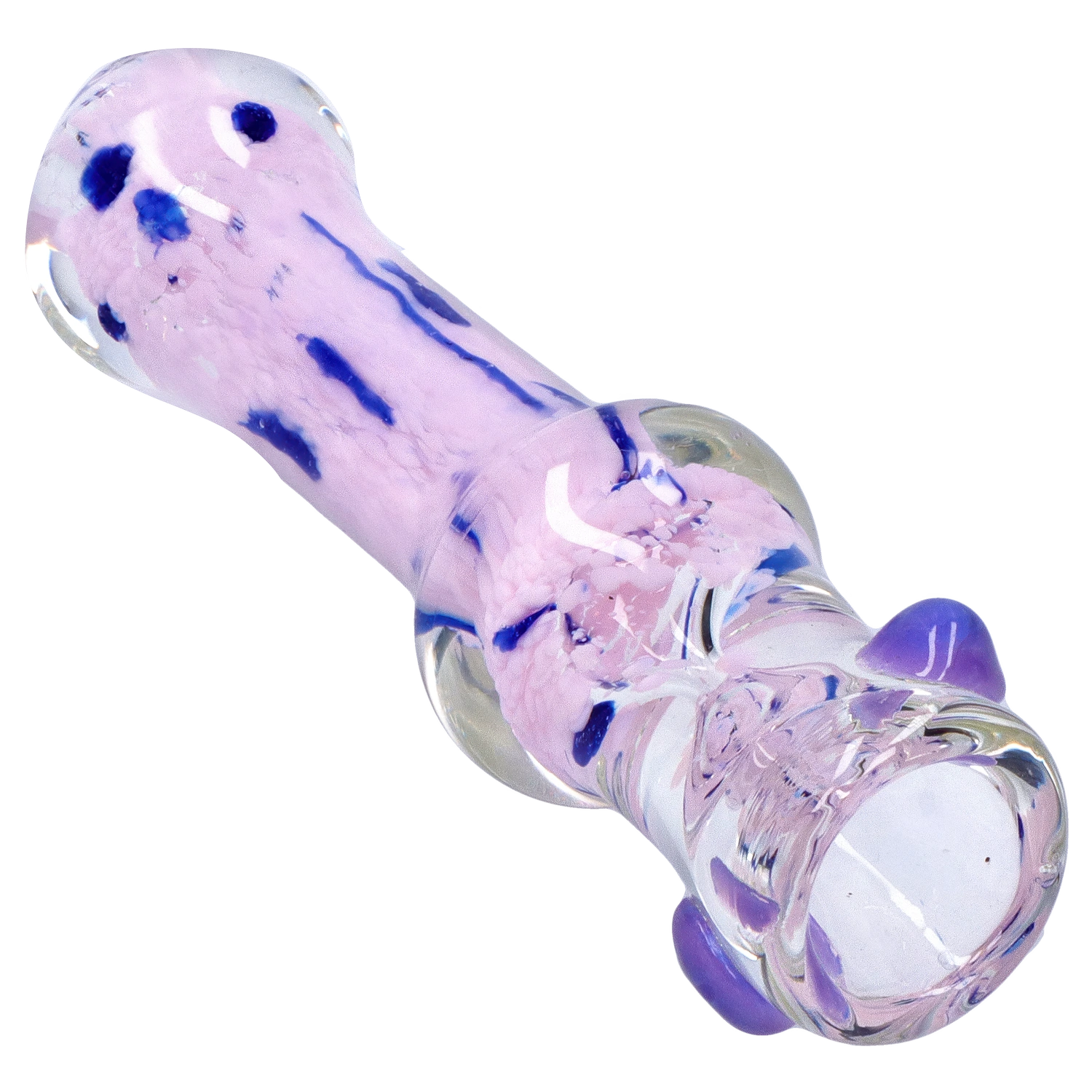 Angled close-up of the pink-and-blue swirled Smoke Cartel Frit Cone One Hitter - 3 in., showing glossy glass texture and raised purple nubs.