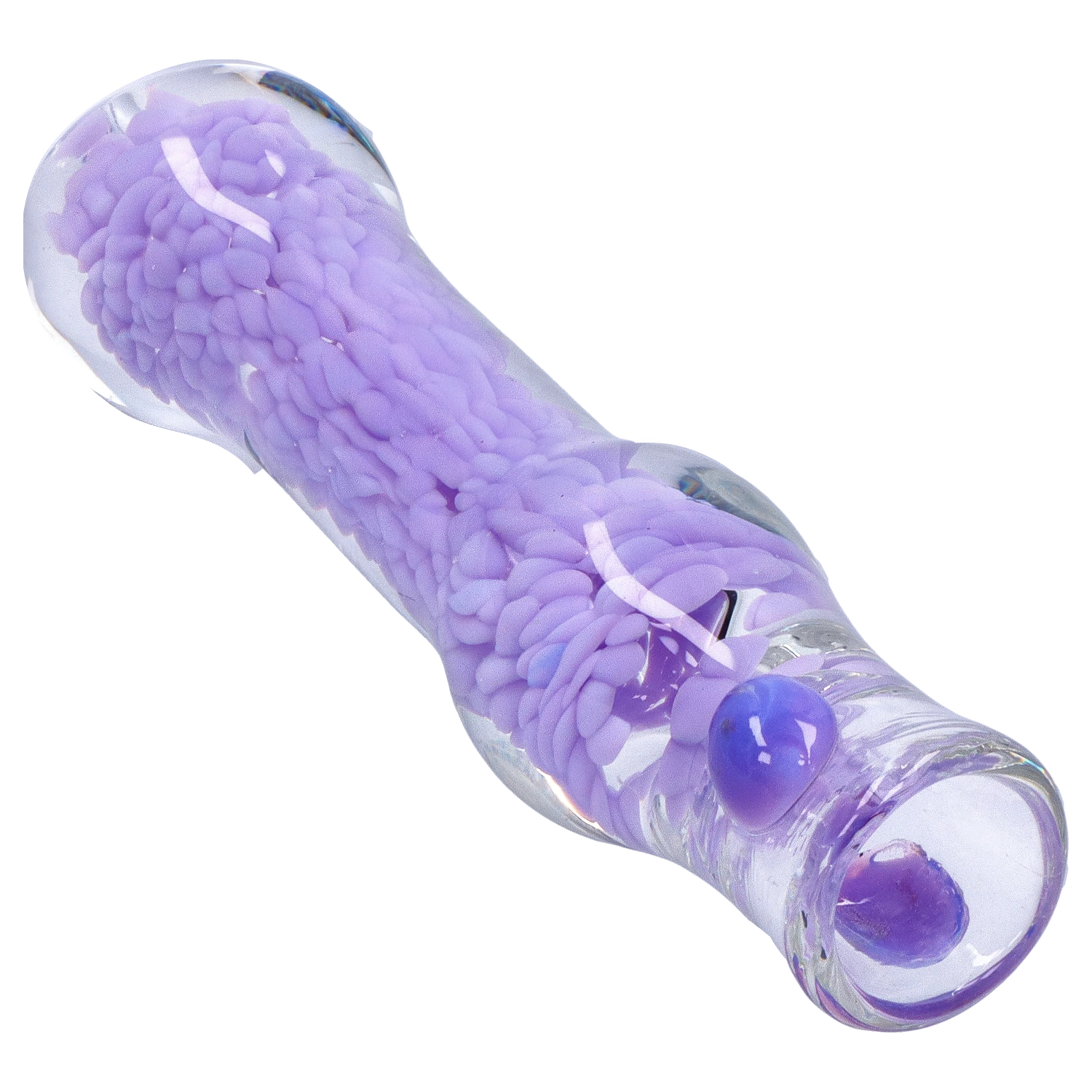 Angled close-up of the Smoke Cartel Frit Cone One Hitter - 3 in. showing a clear glass tube filled with textured lavender frit and glossy purple nubs.