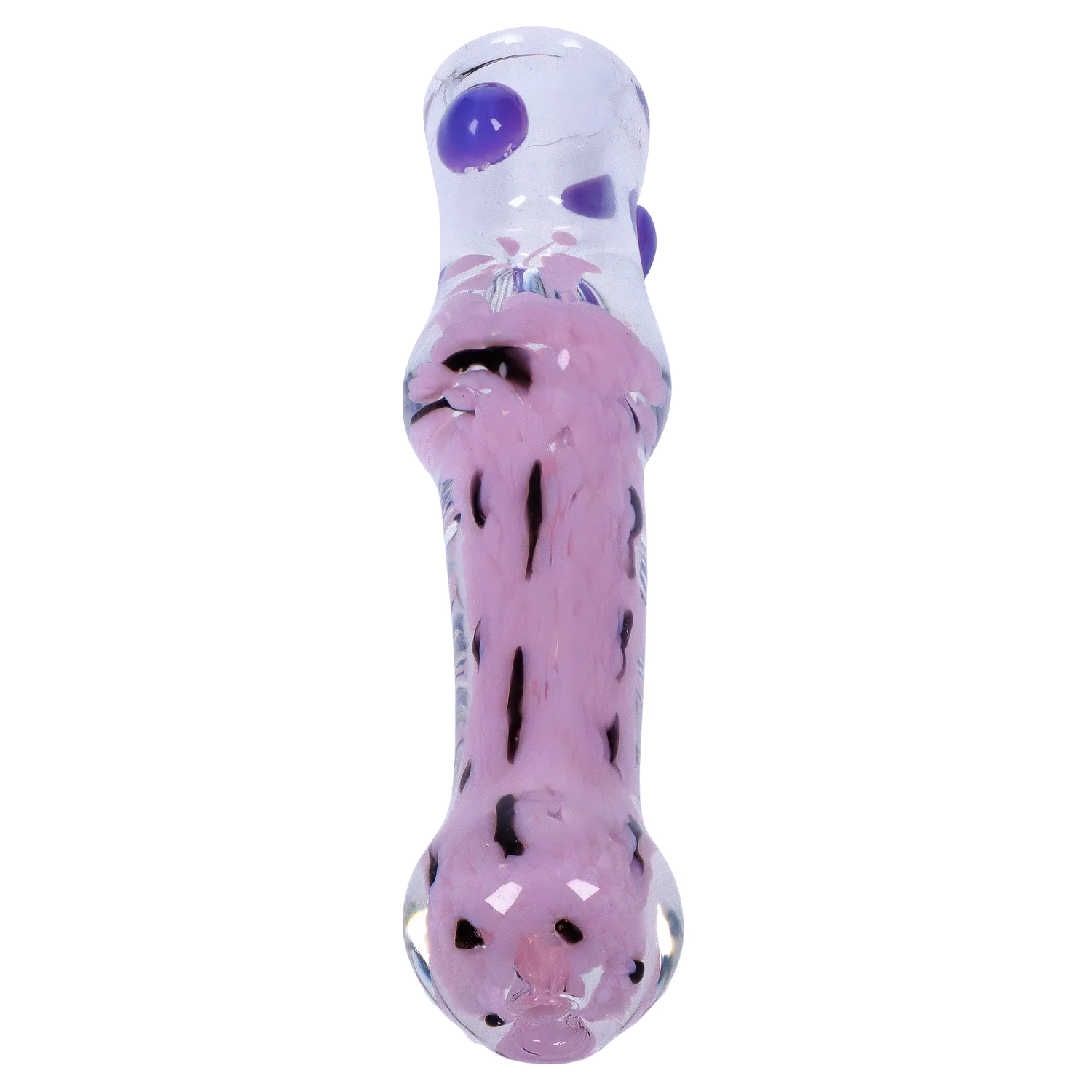 Top-down close-up of the Smoke Cartel Frit Cone One Hitter - 3 in. showing a clear glass tube with milky pink frit and purple glass dots against a white background