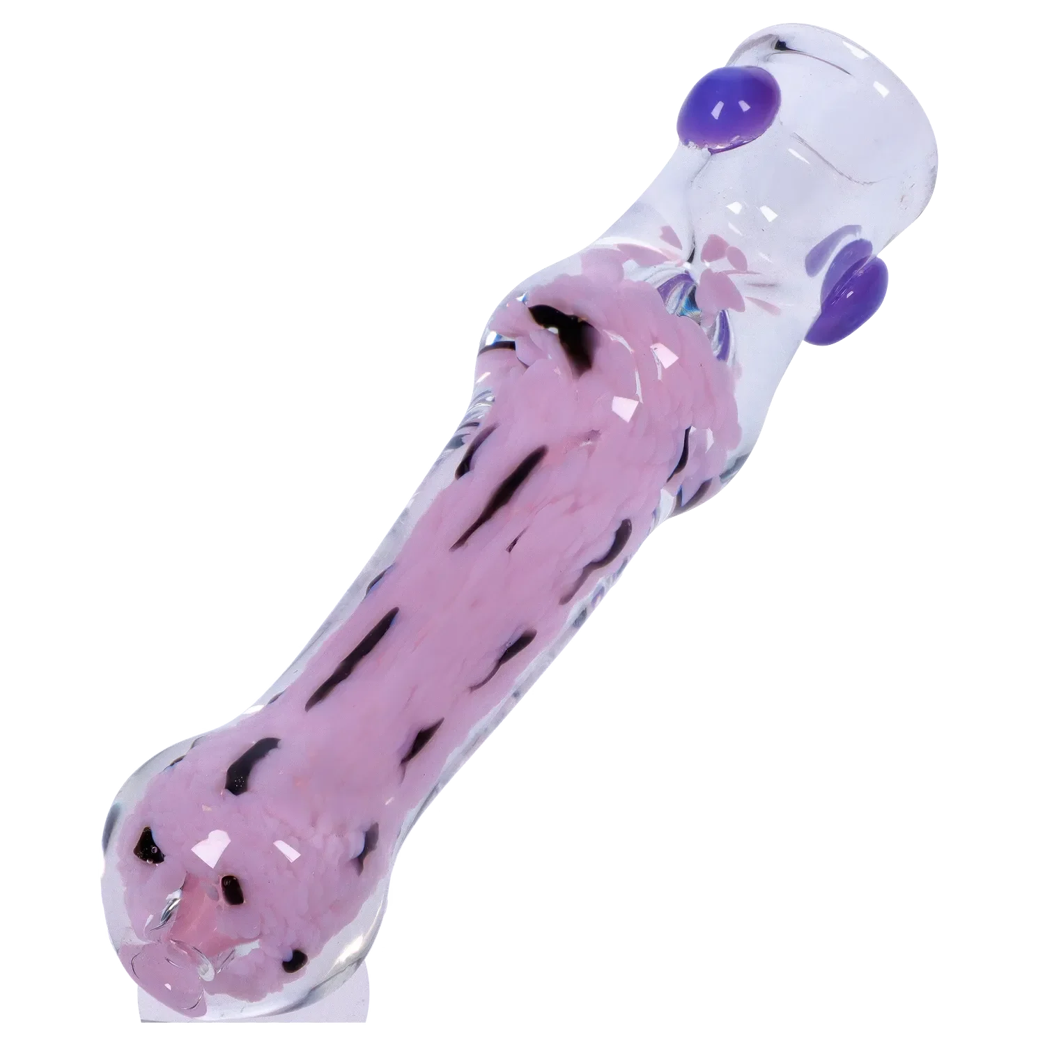 Angled close-up of the Smoke Cartel Frit Cone One Hitter - 3 in., showing its clear glass body with pink frit core and purple glass accents.