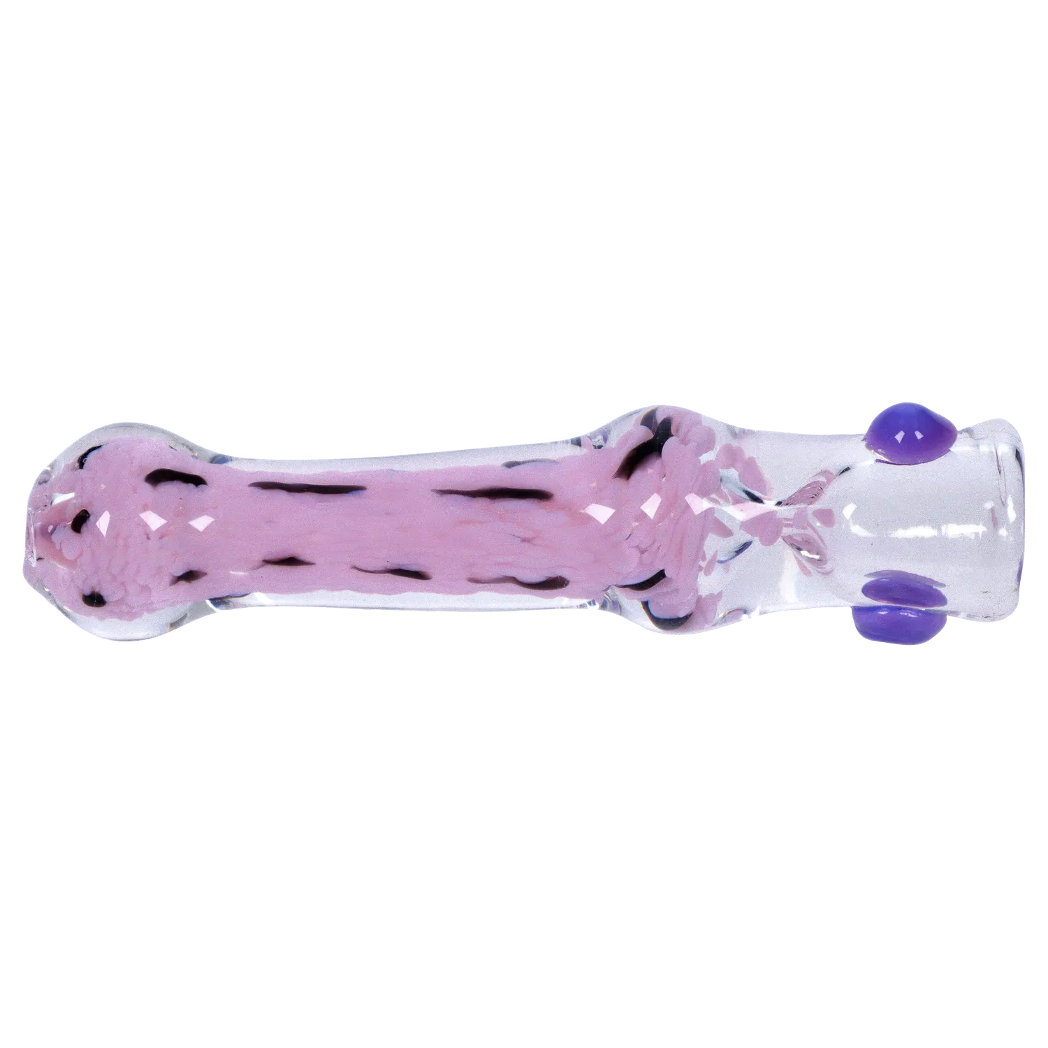 Side view of a clear glass Smoke Cartel Frit Cone One Hitter - 3 in. showing a central milky pink frit core with black streaks and three small purple glass dots.