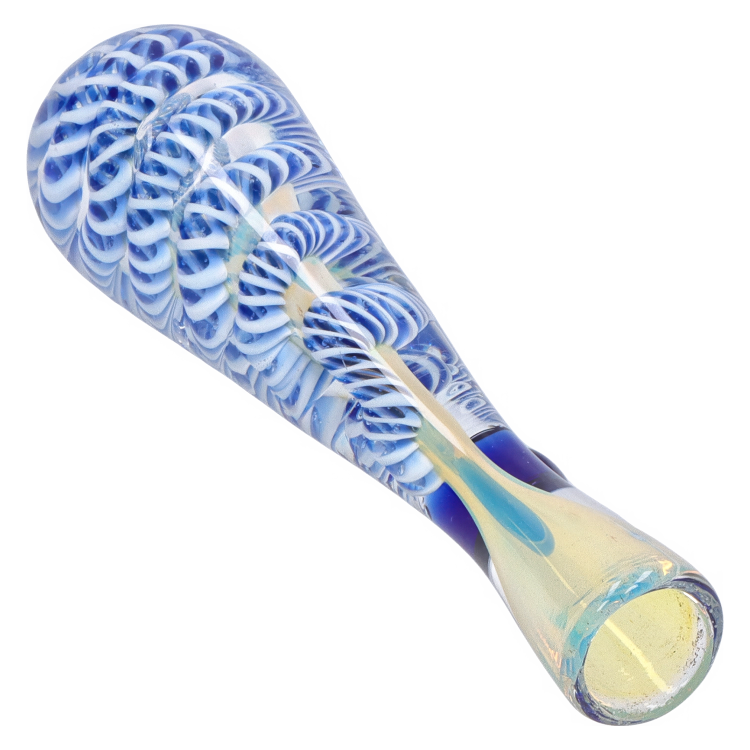 Angled close-up of the Smoke Cartel Piped and Fumed One Hitter - 3 in., showing its blue-and-white swirled fuming pattern along the rounded mouthpiece.