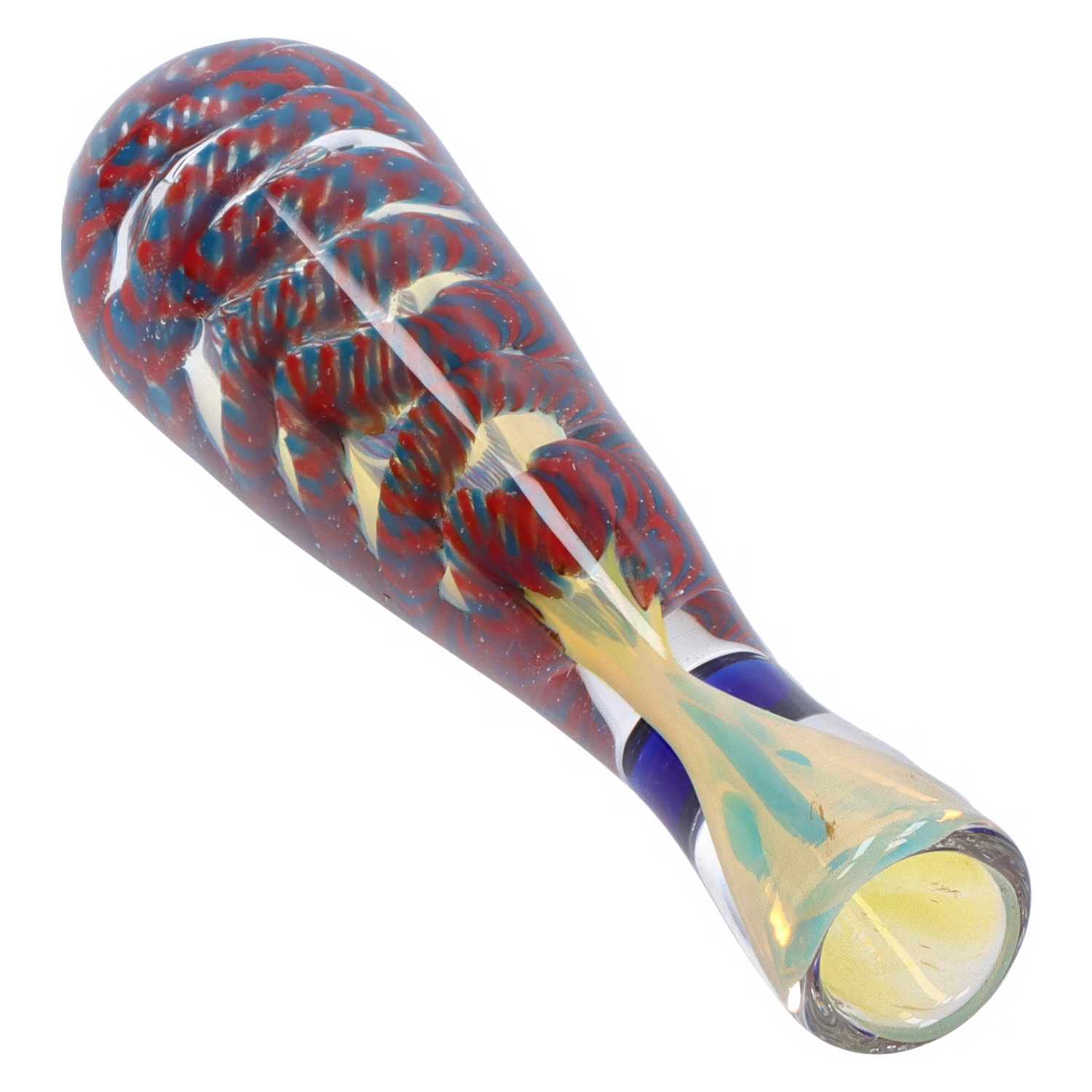Angled close-up of the Smoke Cartel Piped and Fumed One Hitter - 3 in. showing a tapered glass body with red and blue swirls and an iridescent mouthpiece.