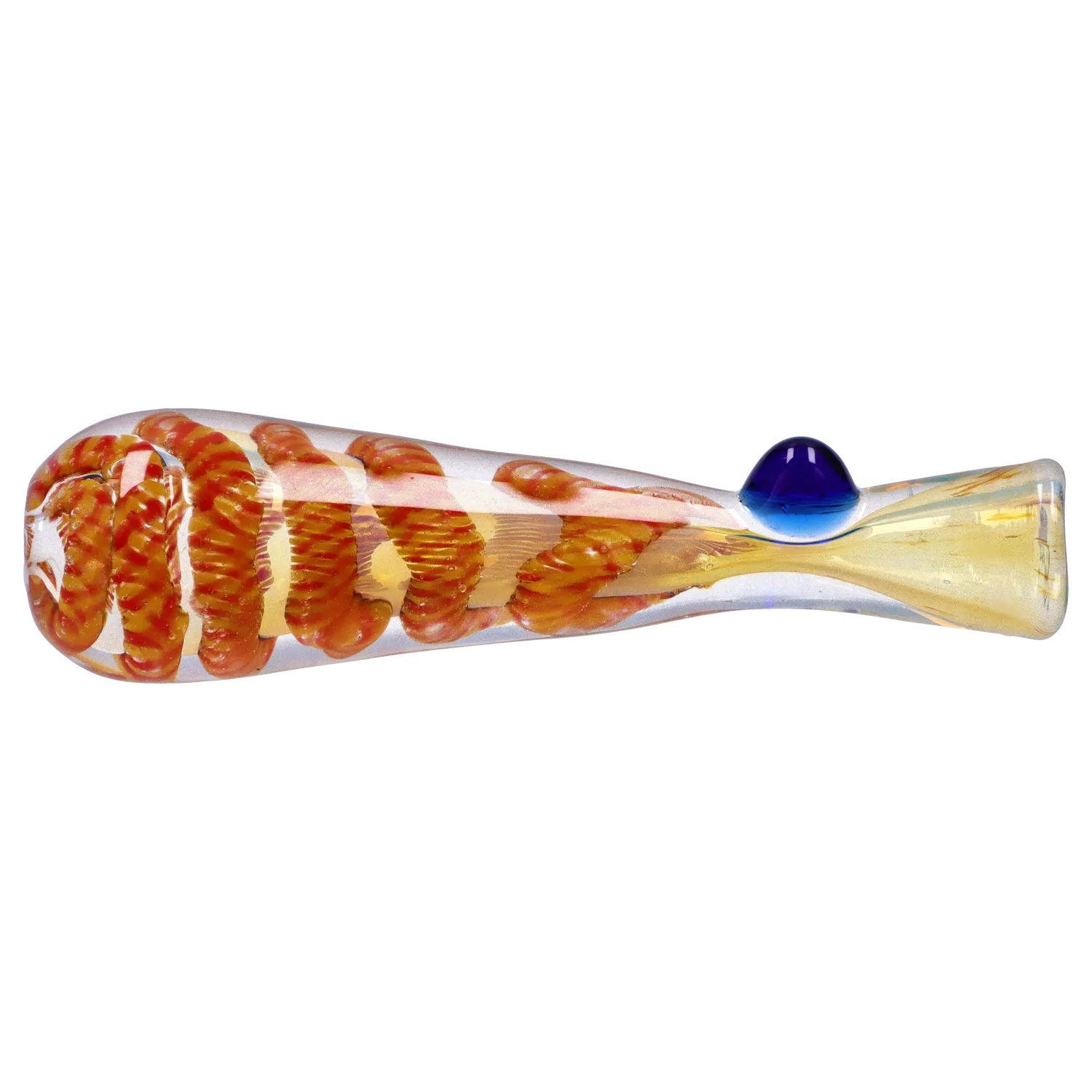 Side profile of the Smoke Cartel Piped and Fumed One Hitter - 3 in. showing orange spiral fuming inside clear glass and a small blue glass marble on top