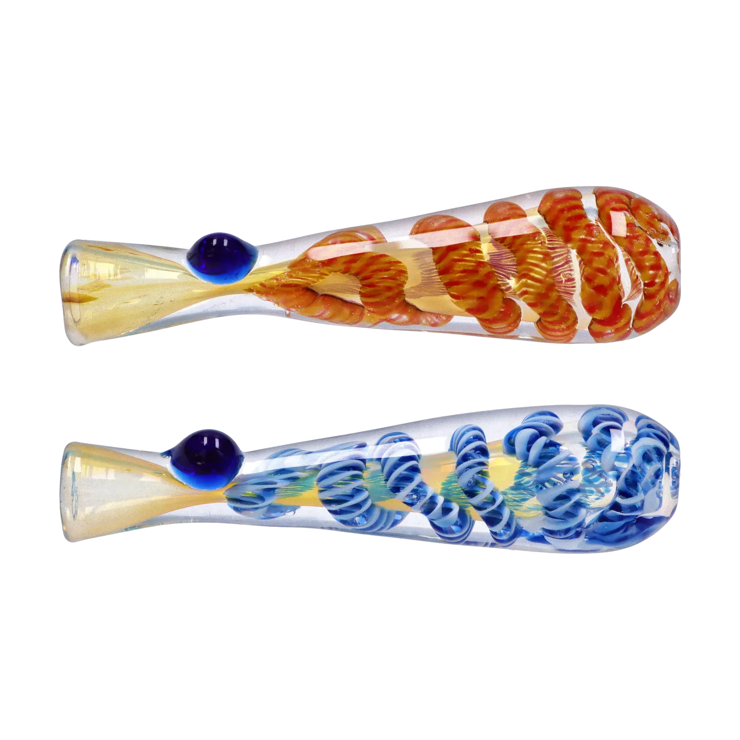 Two horizontal close-up views of glass one hitters showing spiral fumed interiors, titled Smoke Cartel Piped and Fumed One Hitter - 3 in.