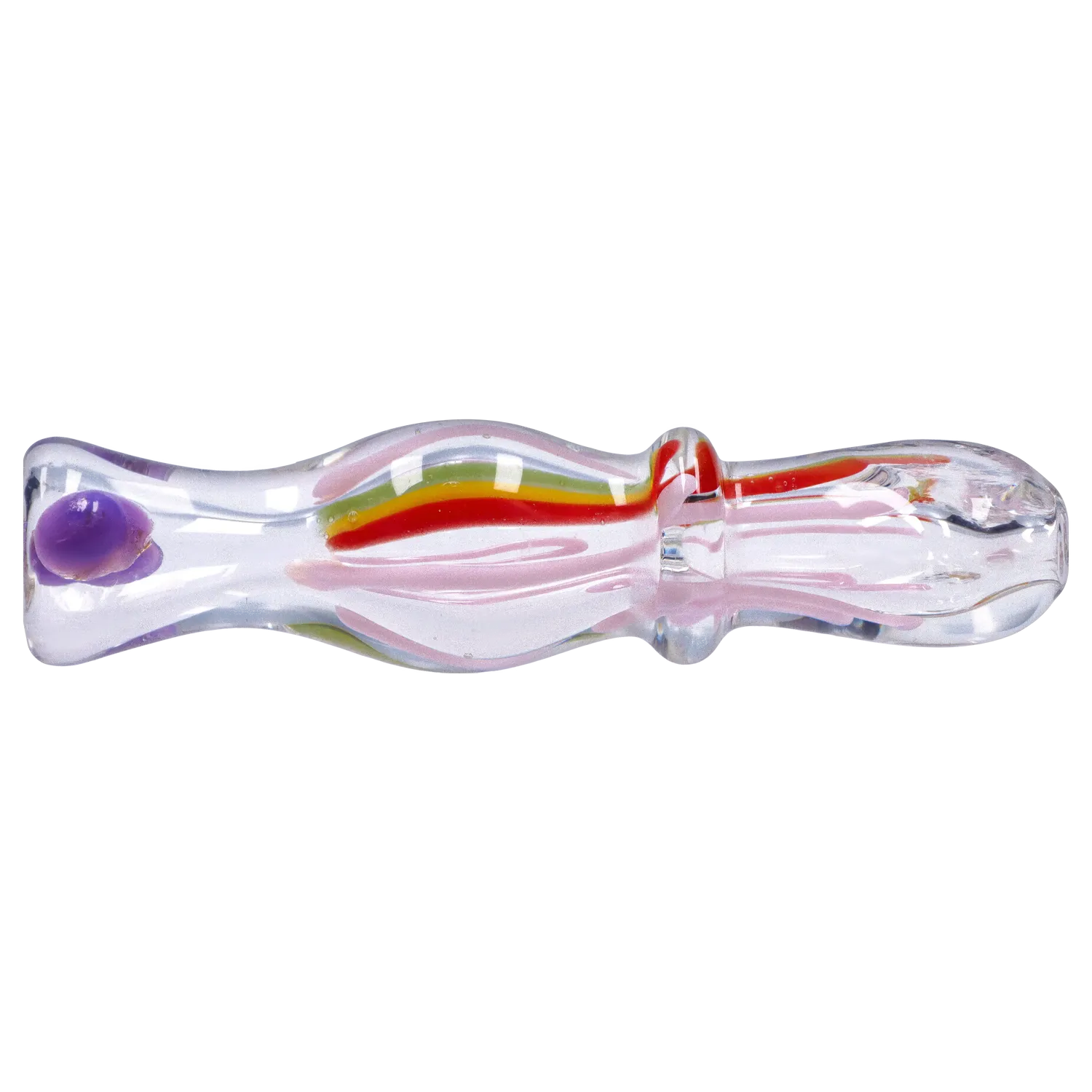 Side view of the Smoke Cartel Frit Rasta One Hitter - 3 in. glass pipe showing clear body with pink swirls, a central red-yellow-green stripe, and a purple carb.