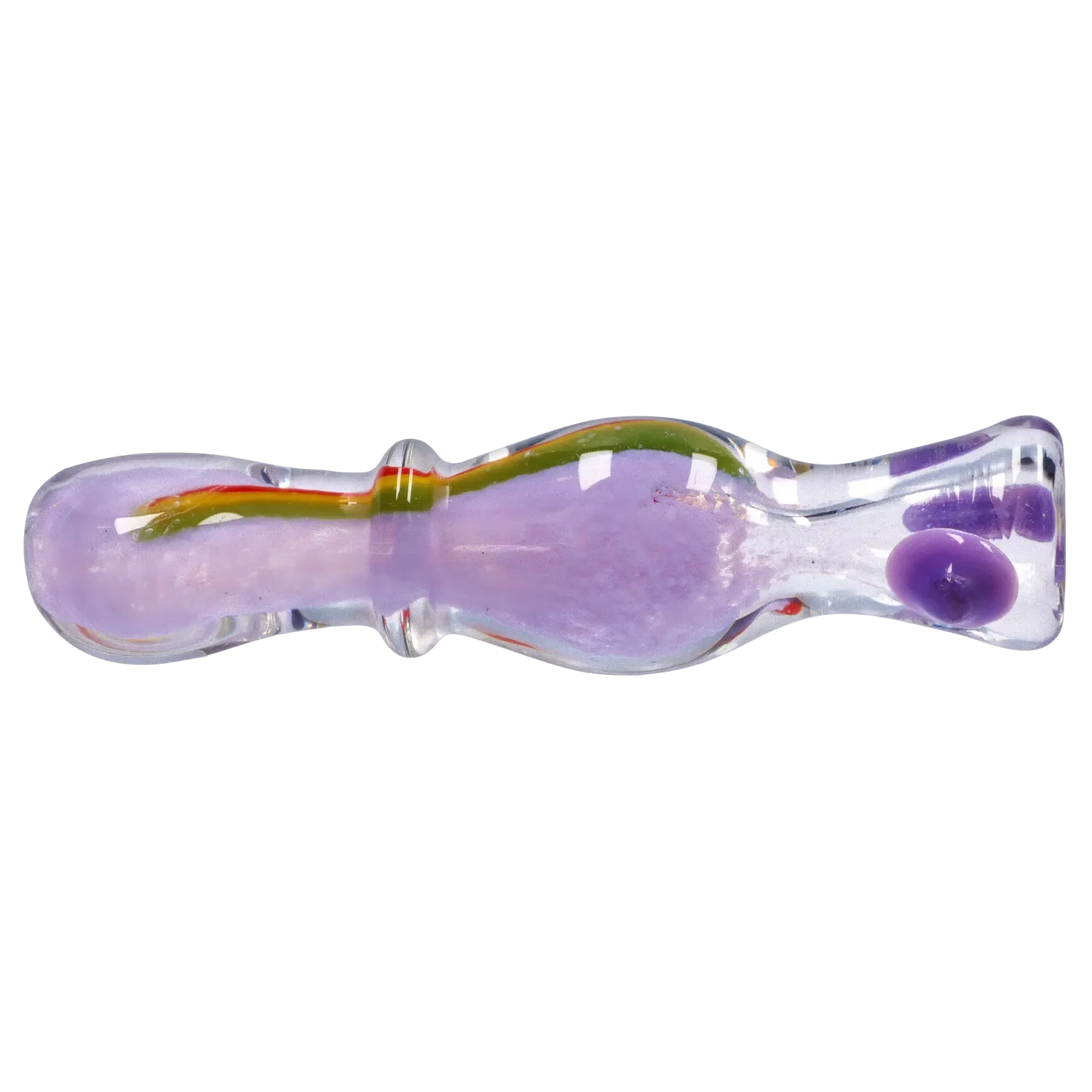 Top-down view of the Smoke Cartel Frit Rasta One Hitter - 3 in. showing a clear glass tube with lavender frit inside and a green-red rasta stripe along its length.