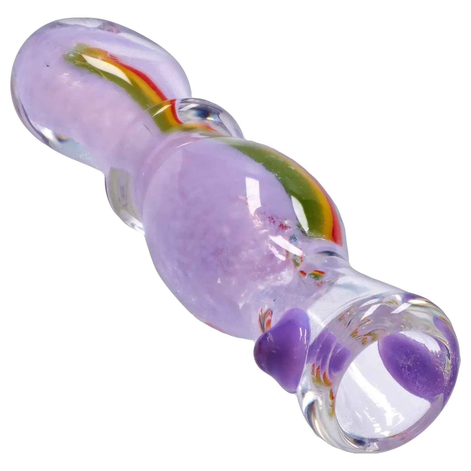 Angled close-up of the Smoke Cartel Frit Rasta One Hitter - 3 in., showing a lavender glass body with embedded green-yellow-red stripe and clear rounded mouthpiece.