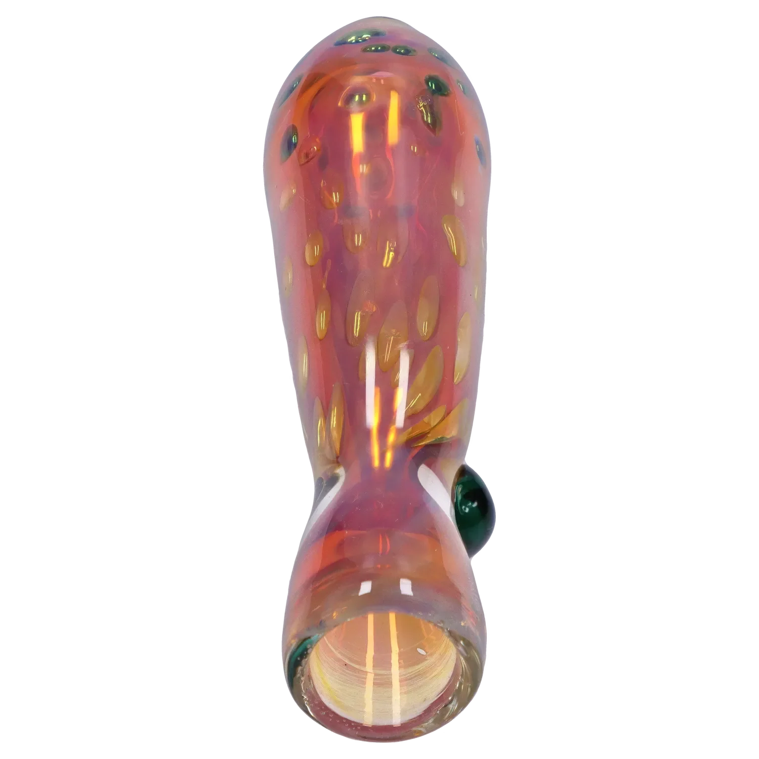 Top-down close-up of the Smoke Cartel Gold Dot One Hitter - 3 in. showing a glossy pinkish-orange glass body with raised gold dots and a green glass marble accent.