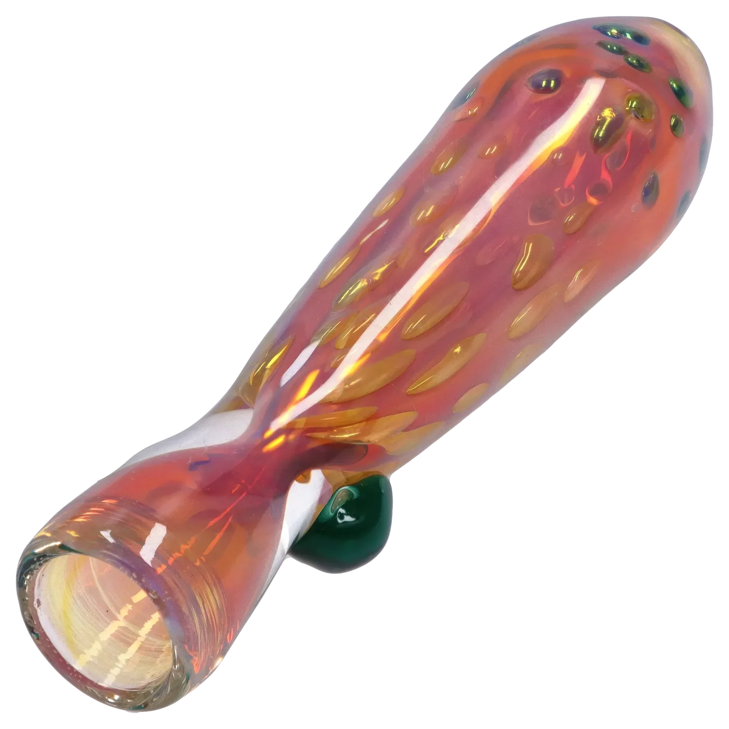 Close-up angled view of the iridescent orange and pink Smoke Cartel Gold Dot One Hitter - 3 in. showing raised gold dots and a glossy, reflective finish