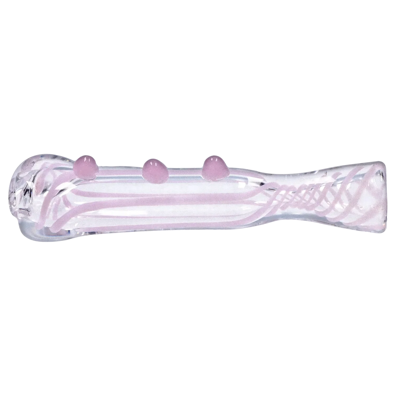 Side profile of the Smoke Cartel Slime Line One Hitter - 3 in., a clear glass tube with pale pink internal ribbons and three raised pink glass dots along its top.