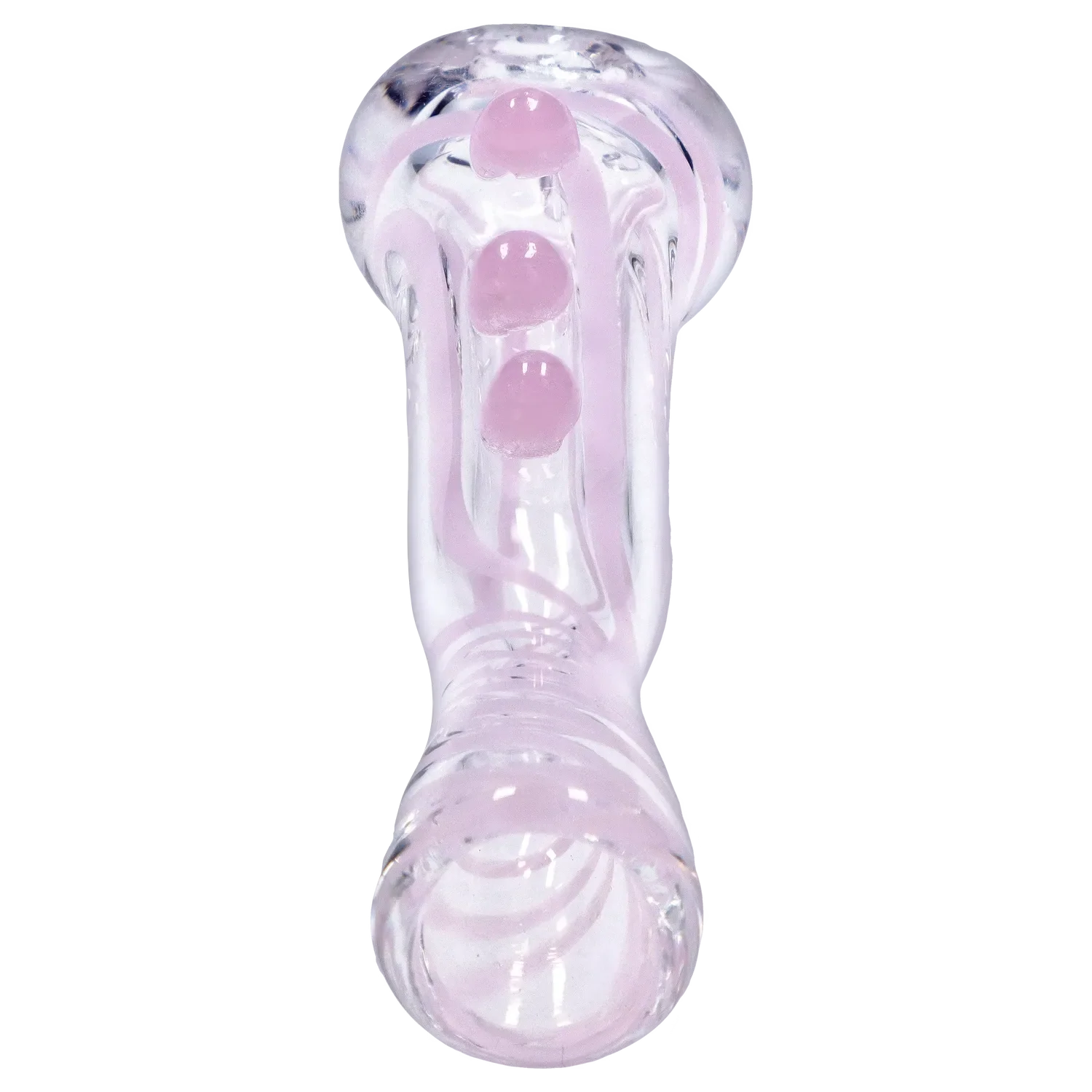 Top-down close-up of the clear glass Smoke Cartel Slime Line One Hitter - 3 in. showing pale pink internal swirls and knobs.