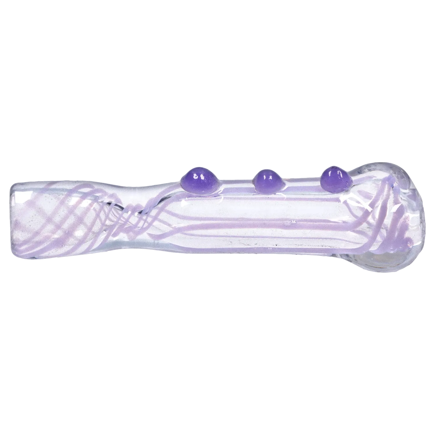 Side profile of the Smoke Cartel Slime Line One Hitter - 3 in. showing a clear glass tube with lavender swirl lines and three raised purple dots.