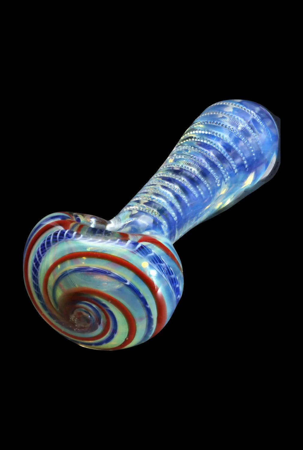 Angled close-up of the Smoke Cartel Engraved Fumed Spoon Pipe - 3 in., showing its blue fumed body with spiral red and blue bands on a black background