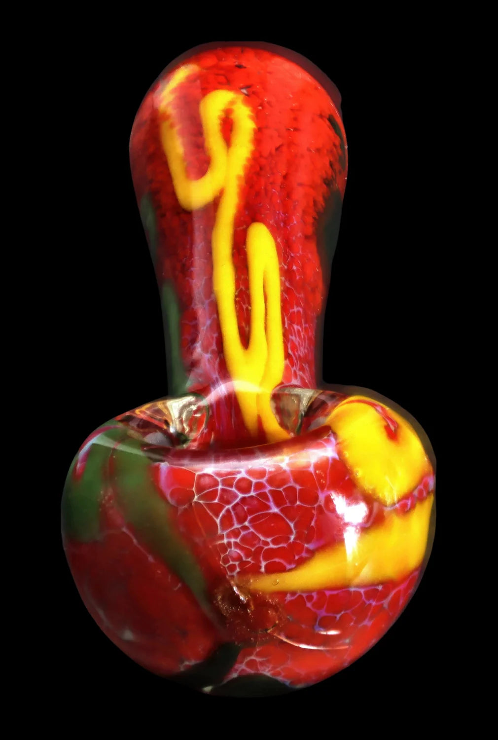 Close-up front view of the Smoke Cartel Color Frit Spoon Pipe - 3 in., showing glossy red glass with yellow swirls on a black background