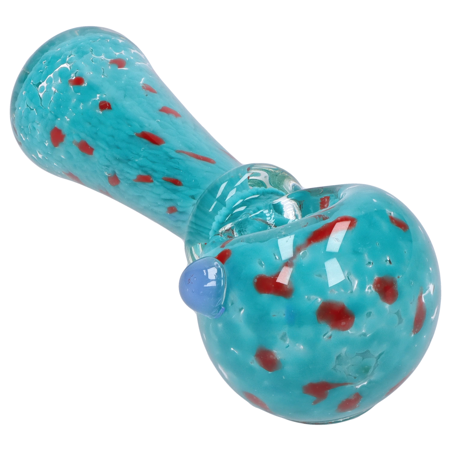 Angled close-up of the Smoke Cartel Frit with Twisted Mouthpiece Spoon Pipe - 4 in., showing its turquoise glass body with red frit speckles and a blue glass bump.
