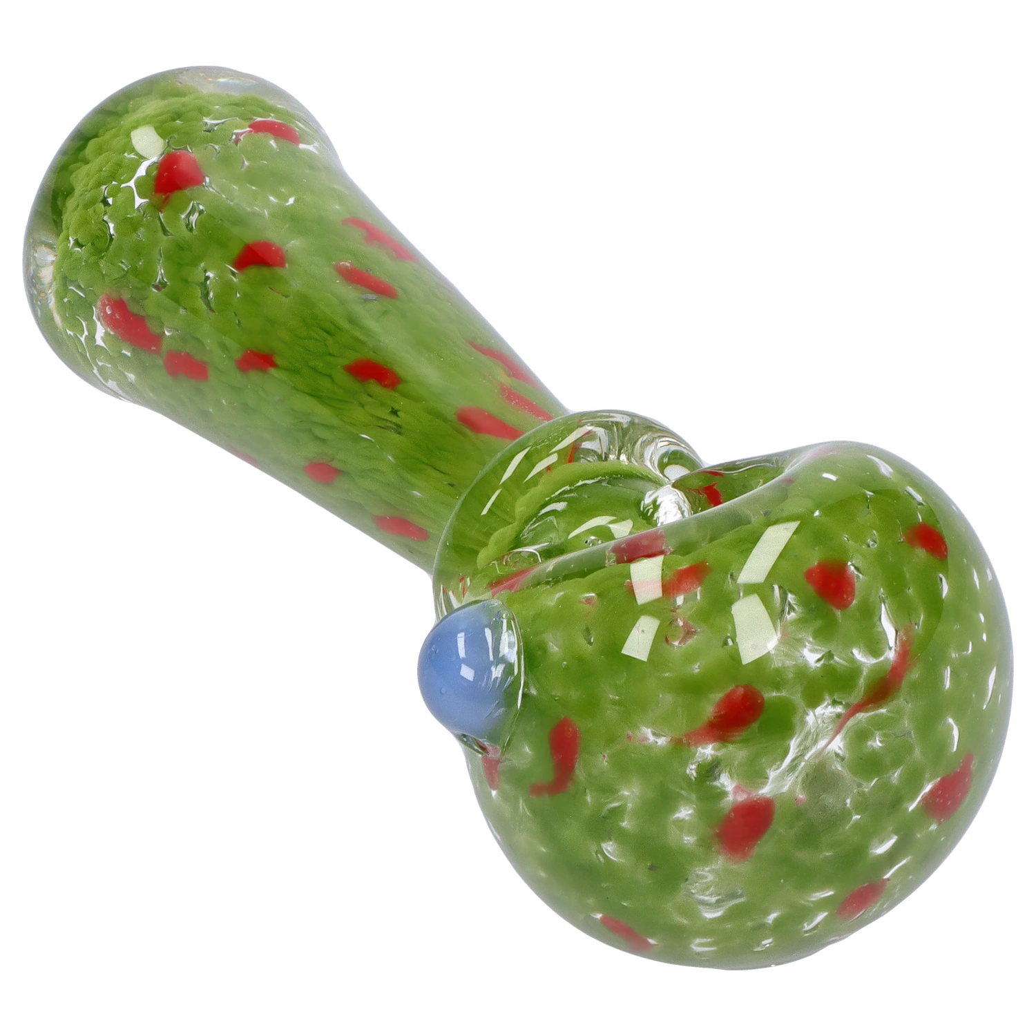 Angled close-up of the green Smoke Cartel Frit with Twisted Mouthpiece Spoon Pipe - 4 in. showing red flecks and a blue glass carb on a white background