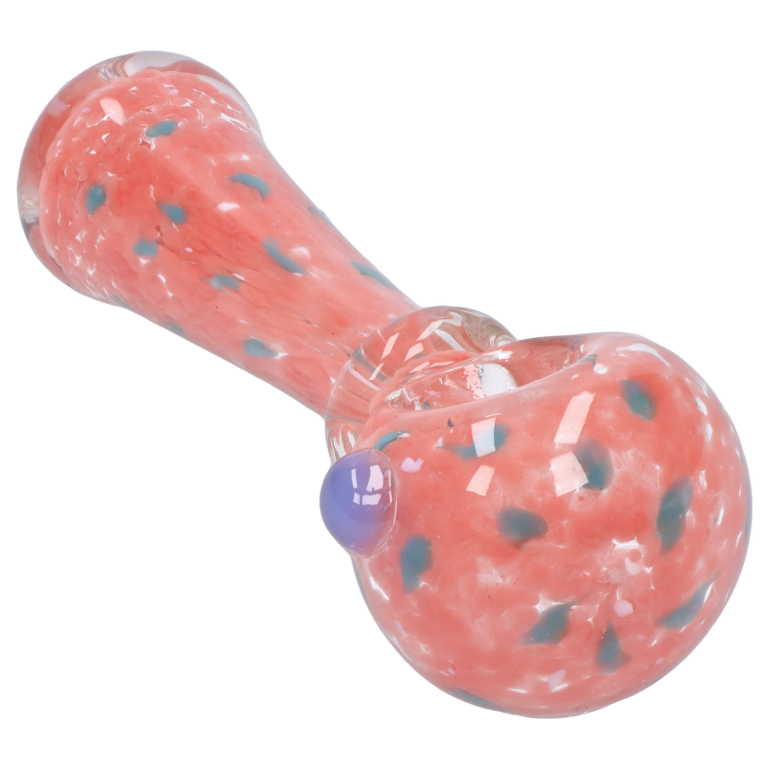 Angled close-up of the pink, speckled Smoke Cartel Frit with Twisted Mouthpiece Spoon Pipe - 4 in., showing its rounded bowl, blue dot accents, and glossy finish