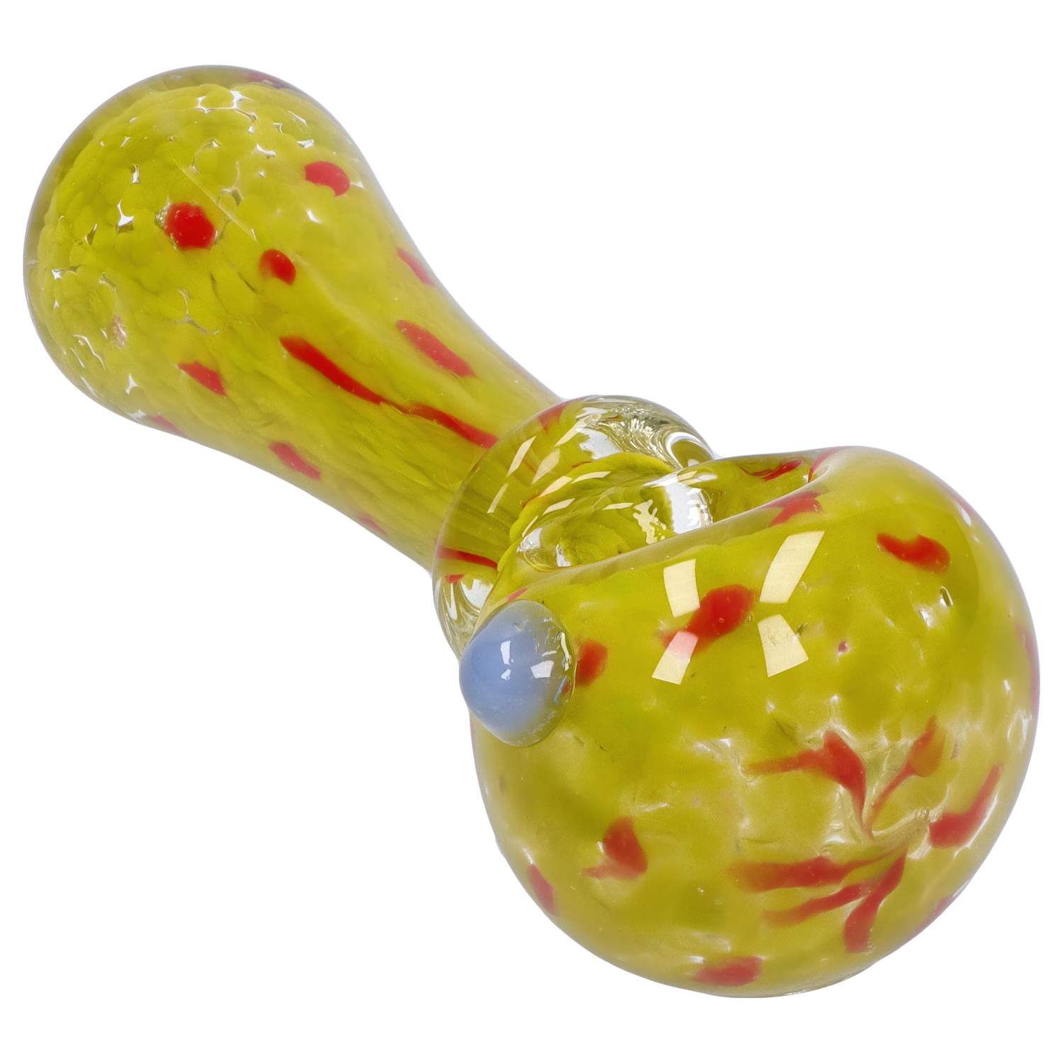 Angled close-up of the Smoke Cartel Frit with Twisted Mouthpiece Spoon Pipe - 4 in. showing its yellow glass body with red frit accents and a blue glass carb.