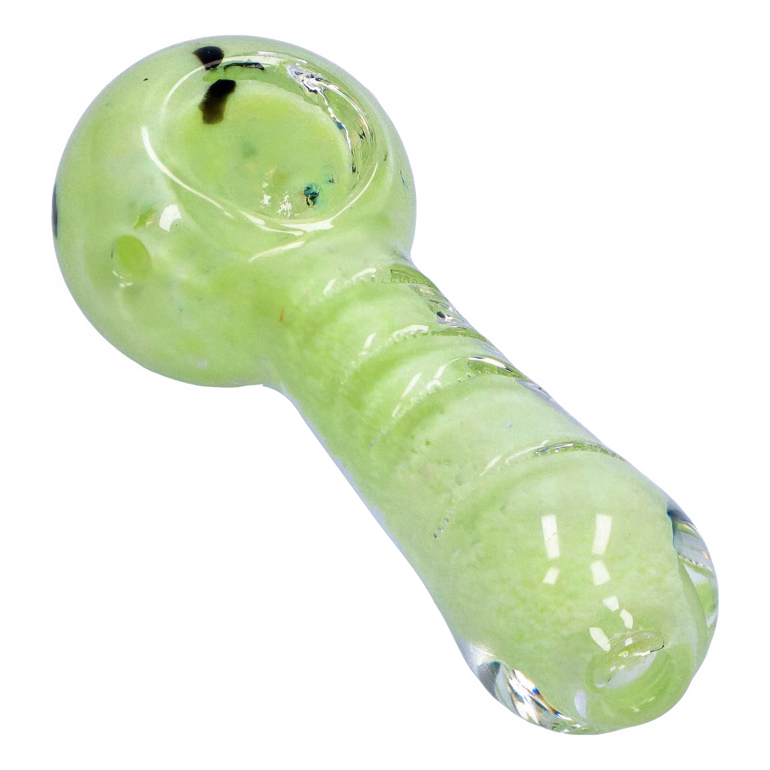 Angled close-up of the Smoke Cartel Frit Marble Rim Pastel Spoon Pipe - 3.5 in. showing a glossy pale green bowl and ridged stem with subtle frit speckles.