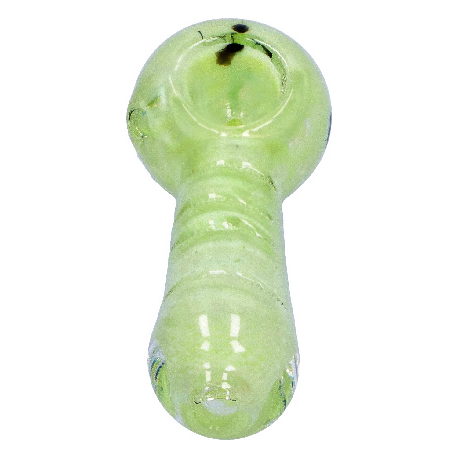 Top-down close-up of the pale green Smoke Cartel Frit Marble Rim Pastel Spoon Pipe - 3.5 in., showing the bowl, rounded rim, and textured stem.