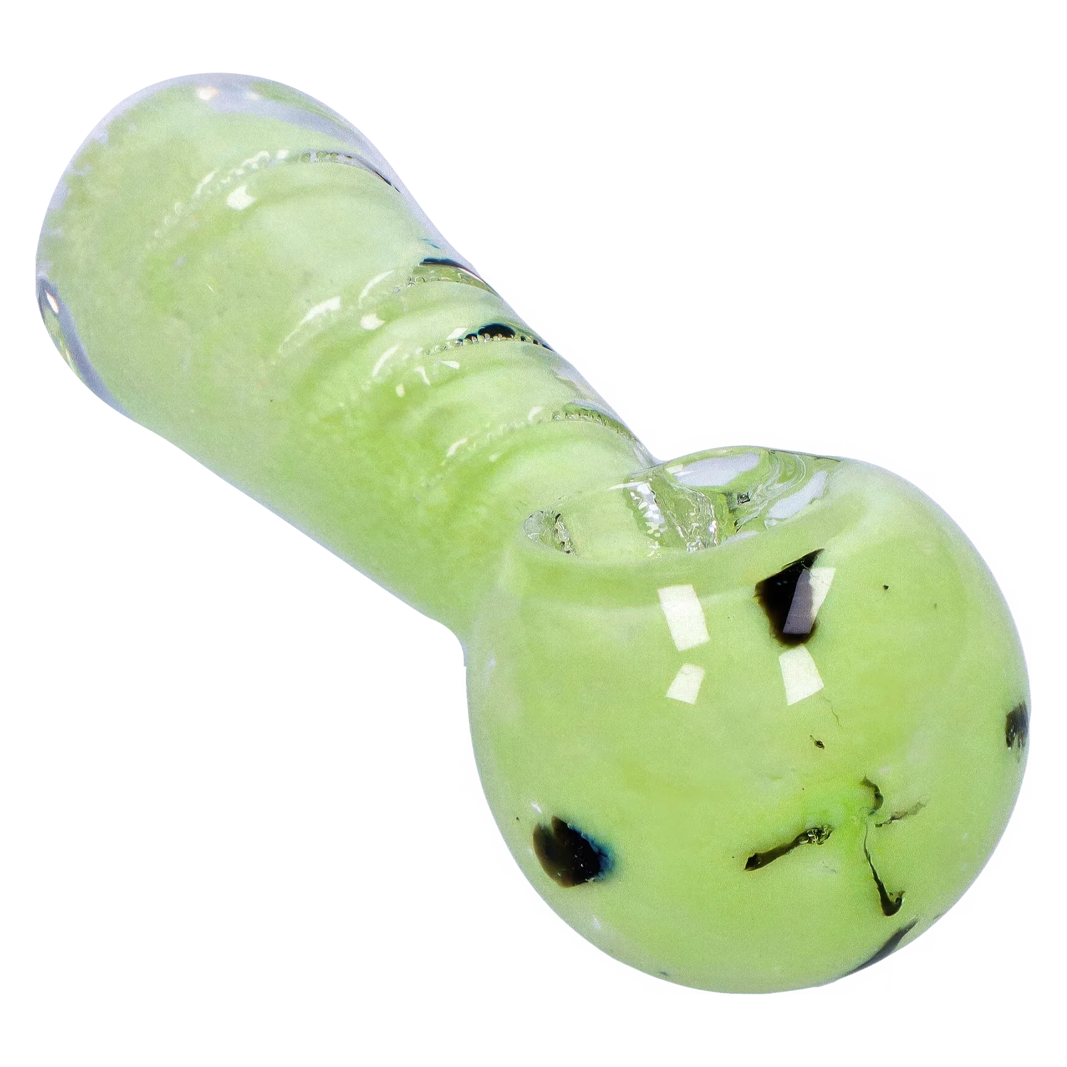 Angled close-up of the Smoke Cartel Frit Marble Rim Pastel Spoon Pipe - 3.5 in. showing its glossy pale green body, ribbed neck, and dark frit spots.