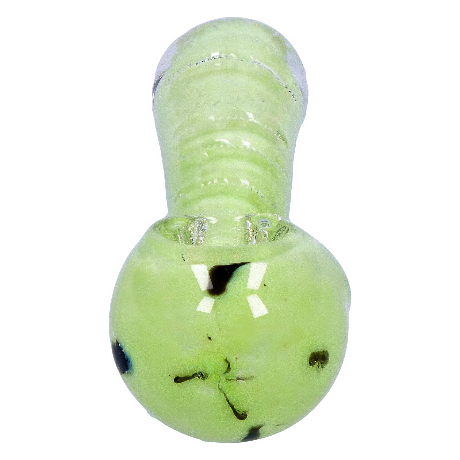 Top-down close-up of the Smoke Cartel Frit Marble Rim Pastel Spoon Pipe - 3.5 in., showing its pale green glass bowl, rounded mouthpiece and scattered dark frit accents.
