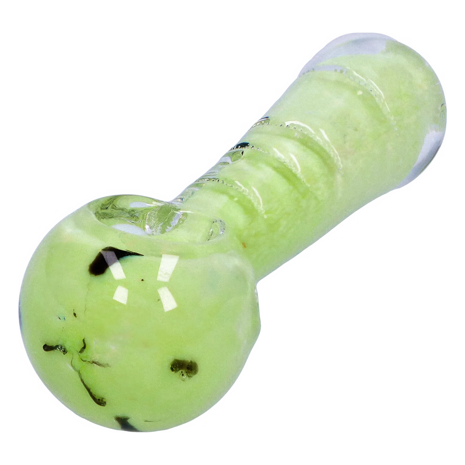 Close-up angled view of the Smoke Cartel Frit Marble Rim Pastel Spoon Pipe - 3.5 in., showing its glossy pale green body, rounded bowl and ribbed neck.
