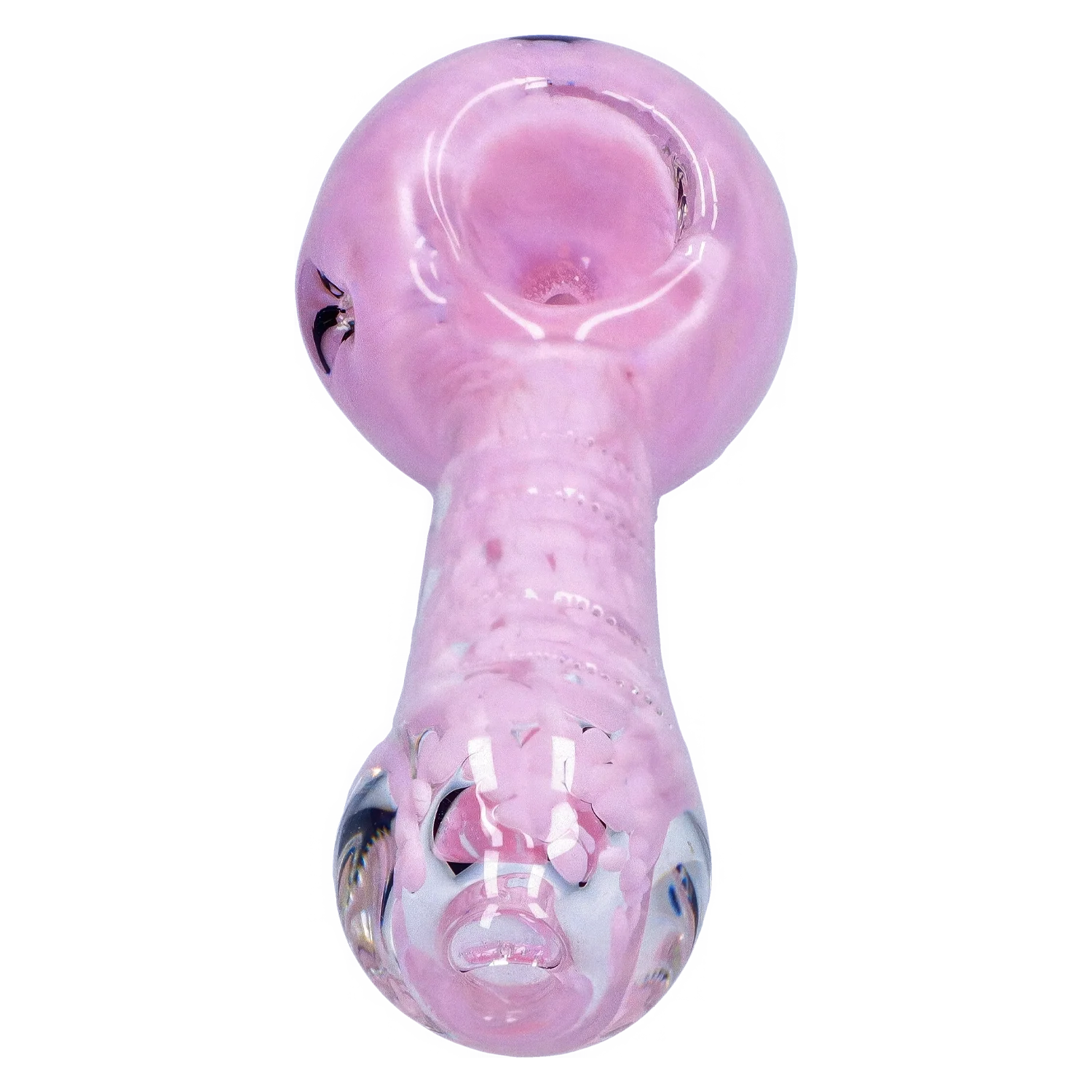 Top-down close-up of the pink Smoke Cartel Frit Marble Rim Pastel Spoon Pipe - 3.5 in., showing its rounded bowl, glossy finish, and marbled rim.