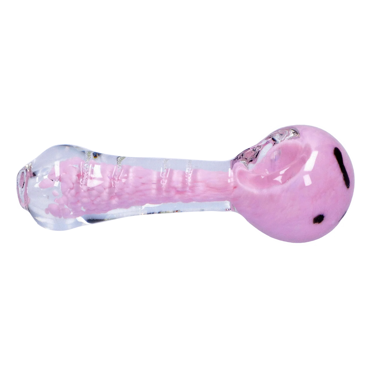 Side view of the Smoke Cartel Frit Marble Rim Pastel Spoon Pipe - 3.5 in., showing a clear glass body with a pastel pink core and rounded bowl.