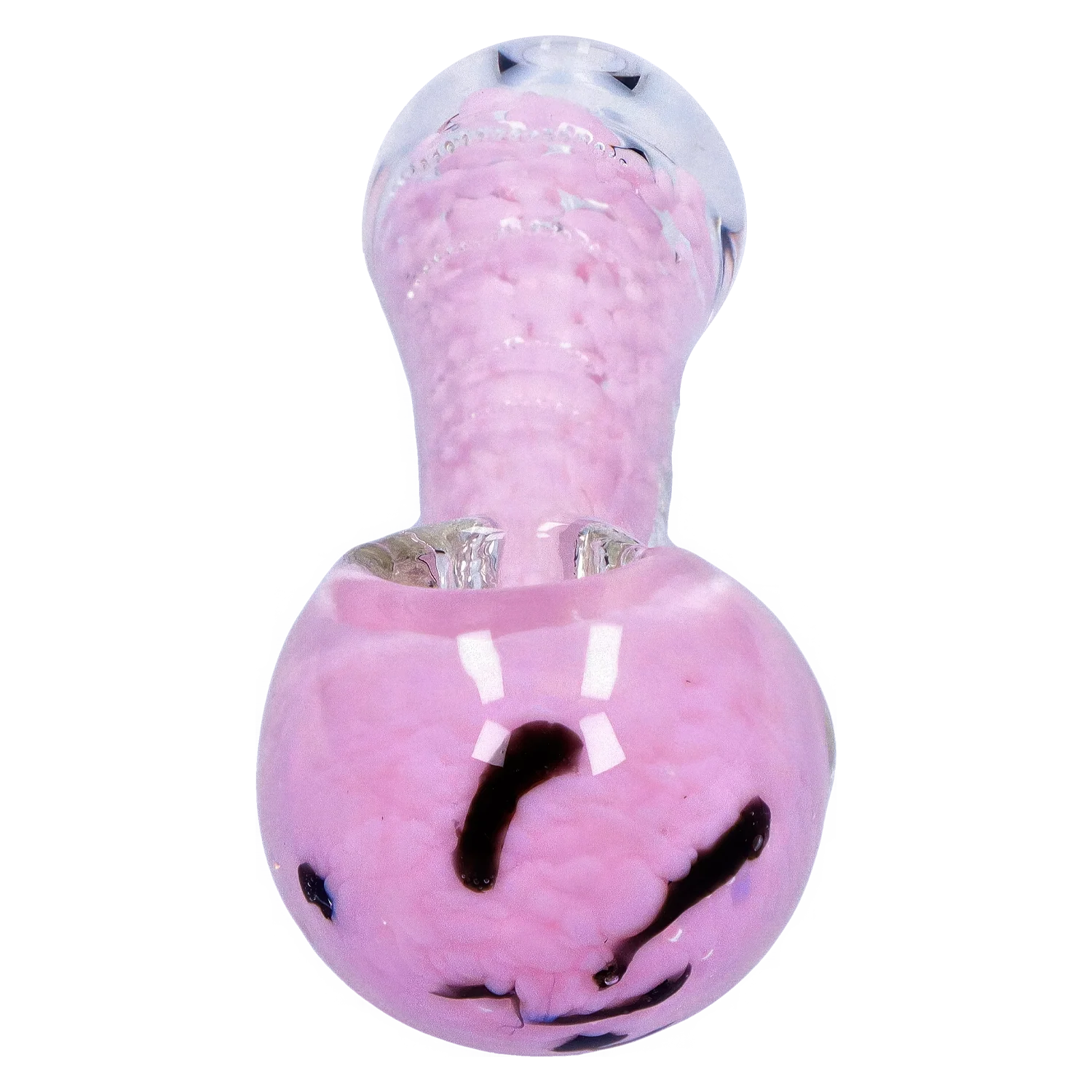 Top-down close-up of the Smoke Cartel Frit Marble Rim Pastel Spoon Pipe - 3.5 in. showing a glossy pink bowl with dark swirls and a textured pastel neck.