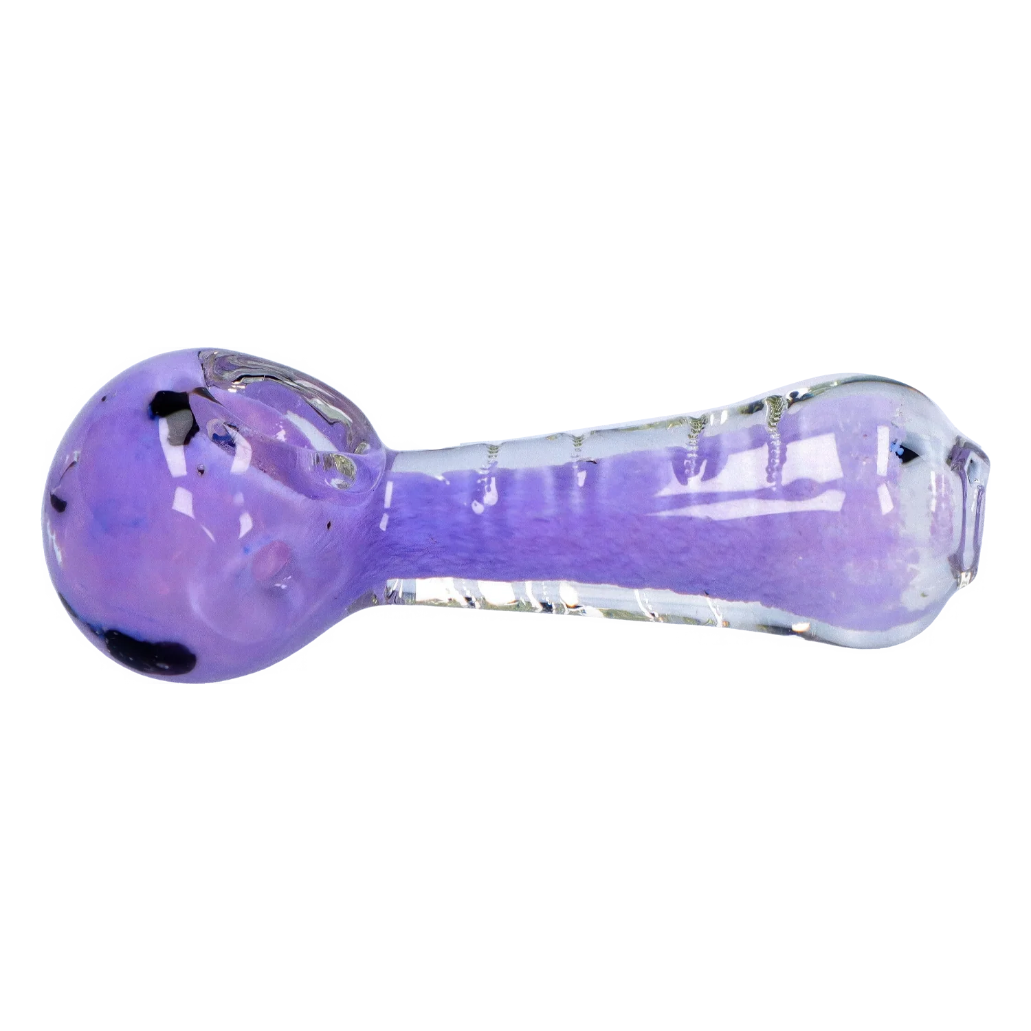 Side view of the Smoke Cartel Frit Marble Rim Pastel Spoon Pipe - 3.5 in. showing a translucent purple glass body with darker frit accents and glossy reflections.