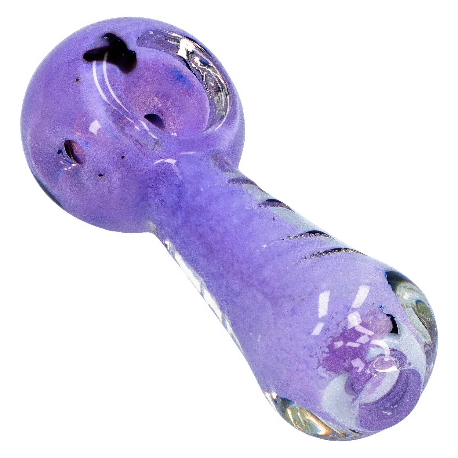 Angled close-up of the purple Smoke Cartel Frit Marble Rim Pastel Spoon Pipe - 3.5 in., showing its glossy bowl and swirled rim.