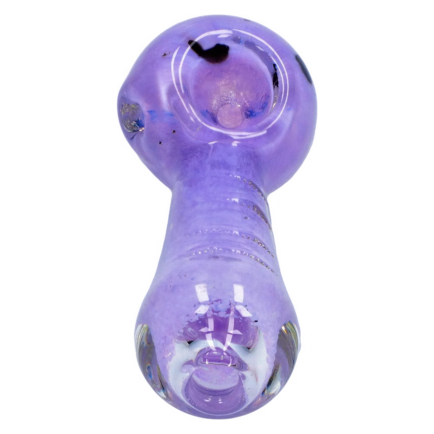 Top-down close-up of a purple Smoke Cartel Frit Marble Rim Pastel Spoon Pipe - 3.5 in., showing the bowl, rounded mouthpiece, and glossy glass reflections