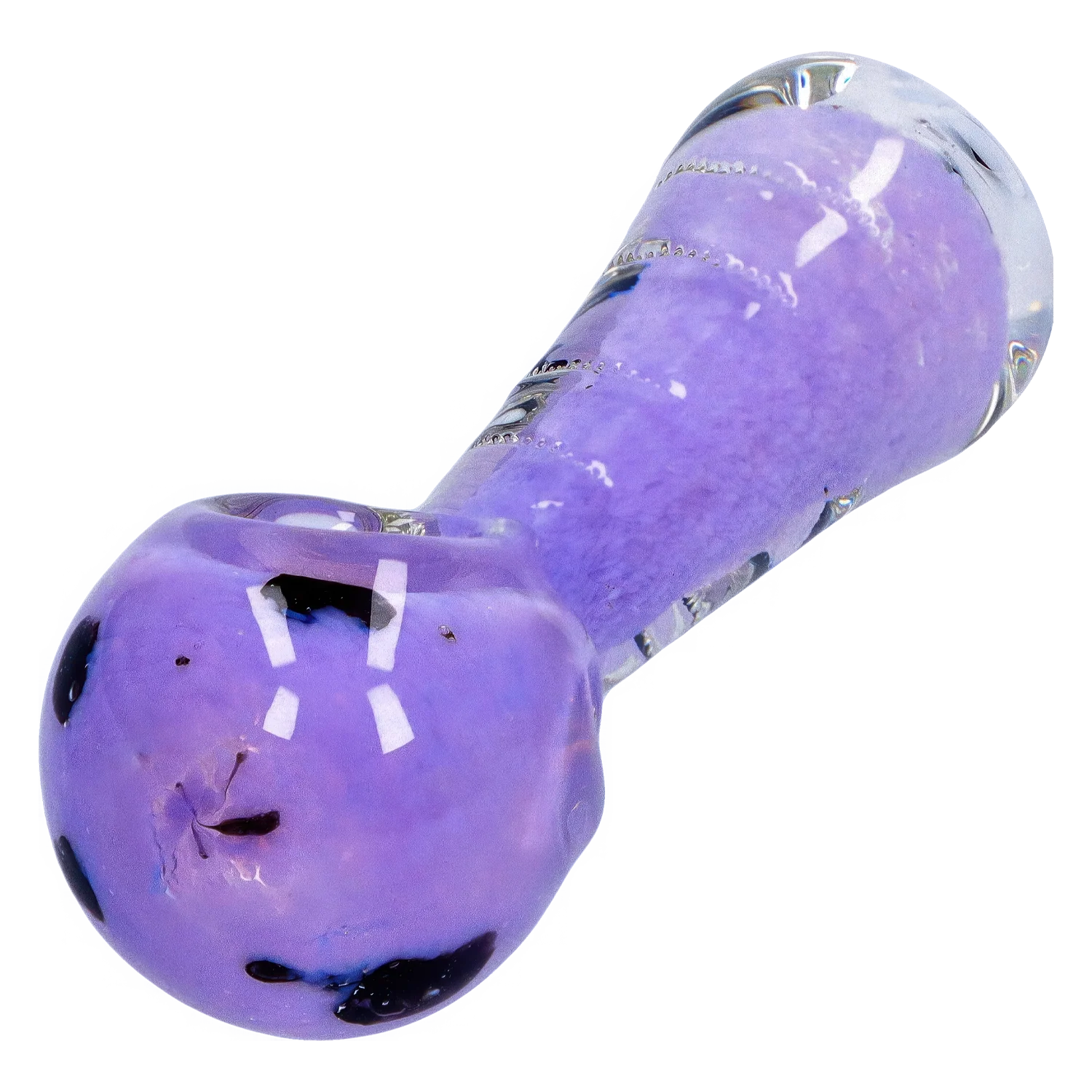Close-up angled view of the Smoke Cartel Frit Marble Rim Pastel Spoon Pipe - 3.5 in., showing its glossy purple bowl, clear marbled rim, and reflected studio lights