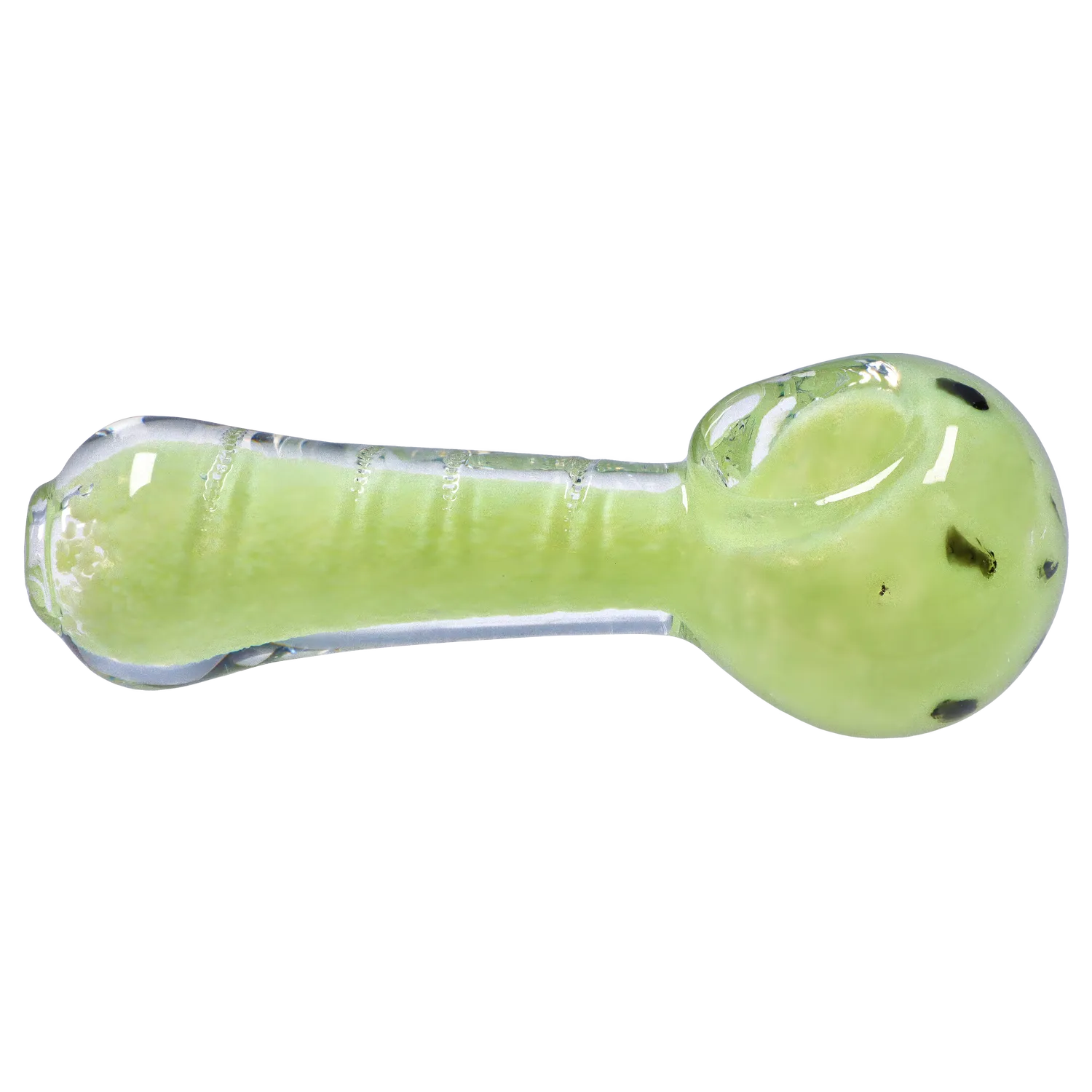 Side view of the Smoke Cartel Frit Marble Rim Pastel Spoon Pipe - 3.5 in. showing a pale green glass body with a rounded bowl and clear rim accents.