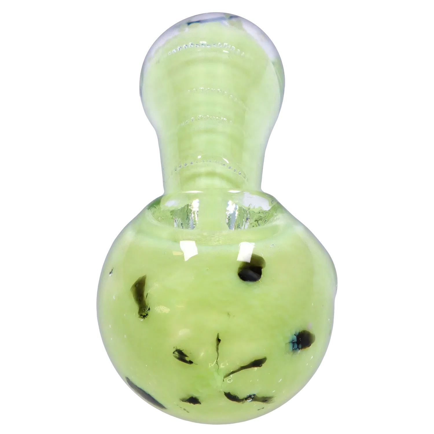 Top-down close-up of the Smoke Cartel Frit Marble Rim Pastel Spoon Pipe - 3.5 in., showing its pale green rounded bowl with dark frit speckles and glossy highlights