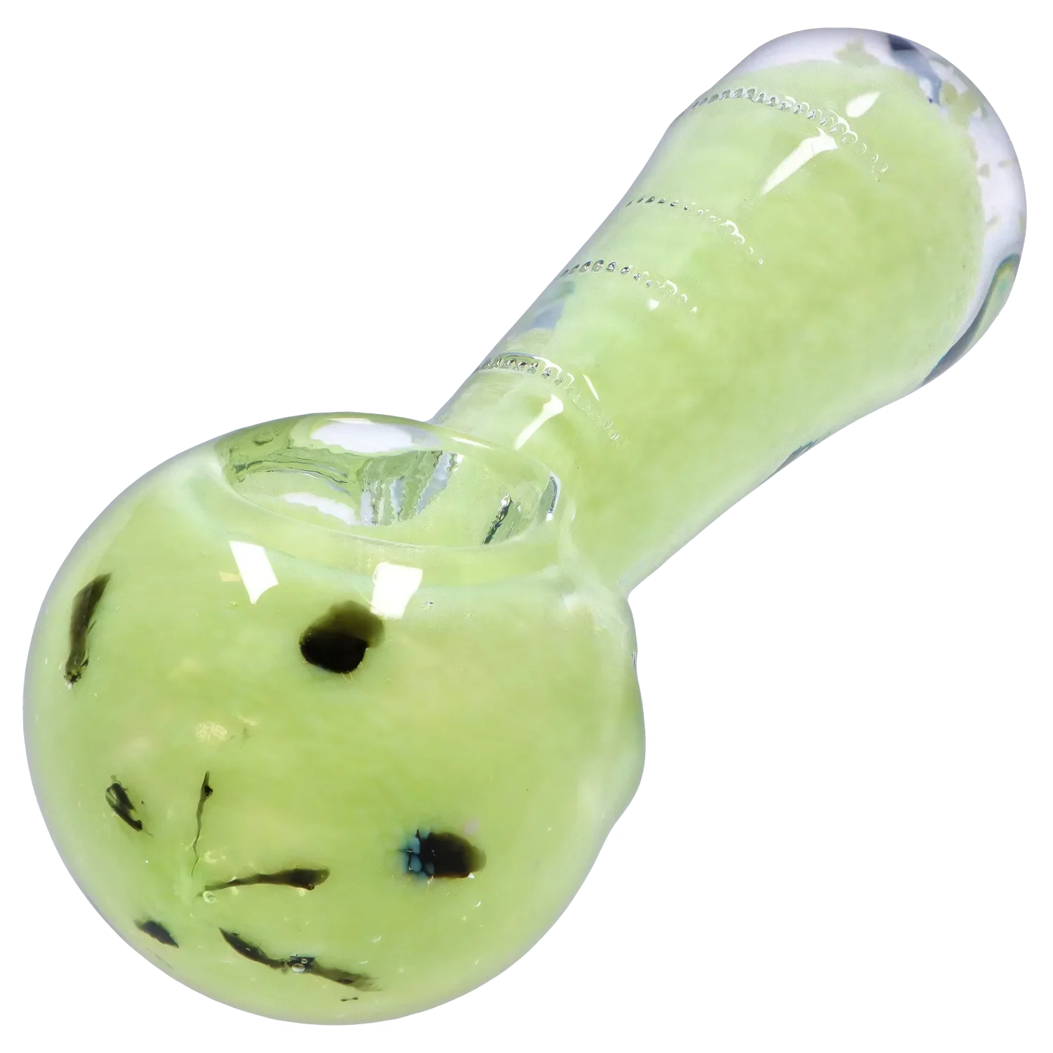 Angled close-up of the pale green Smoke Cartel Frit Marble Rim Pastel Spoon Pipe - 3.5 in., showing glossy glass and dark frit dots.