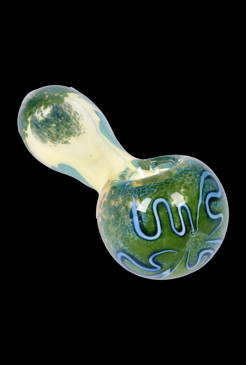 A close-up, angled view of the 2.5-inch SC Frit Fumed with Piping Spoon Pipe, showcasing its vibrant, colorful frit pattern.