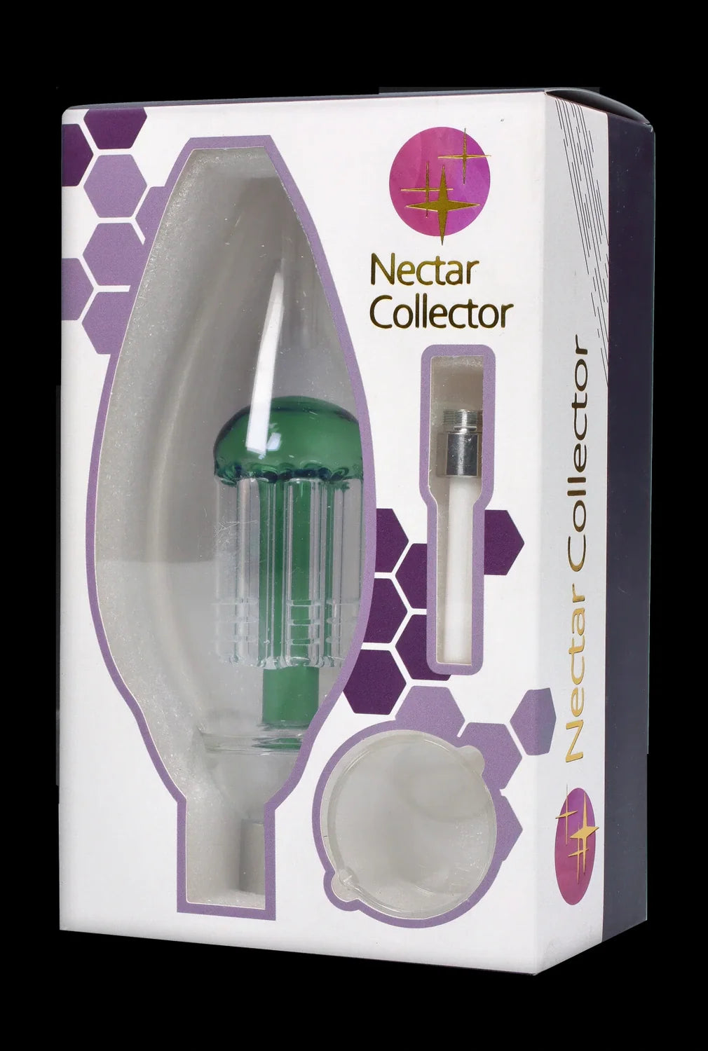 Angled front view of the Smoke Cartel Egg With Tree Perk Blue Nectar Collector in its white and purple windowed box showing the green tree-perc glass piece and silicone base.