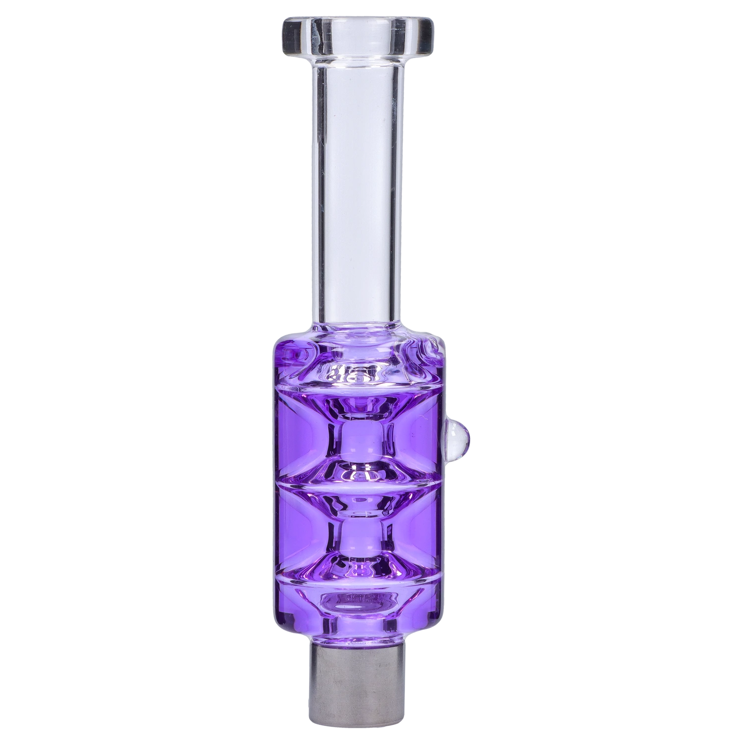 Straight-on view of a purple glass chamber and clear mouthpiece of the Smoke Cartel Freezable Glycerin Nectar Collector.