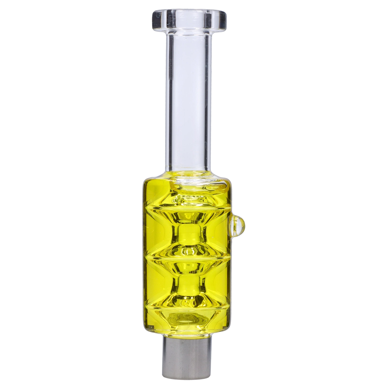 Close-up vertical shot of a transparent yellow glass chamber on the Smoke Cartel Freezable Glycerin Nectar Collector against a neutral striped background.