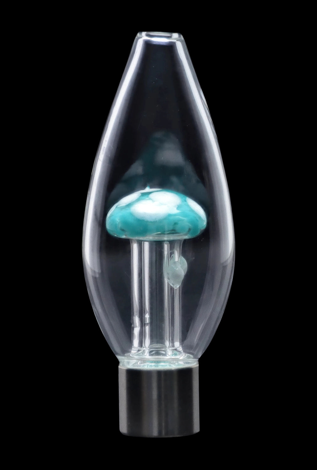 A front view of the SC Mini Egg with Mushroom Perc Nectar Collector, showcasing its clear glass construction and unique mushroom perc design.