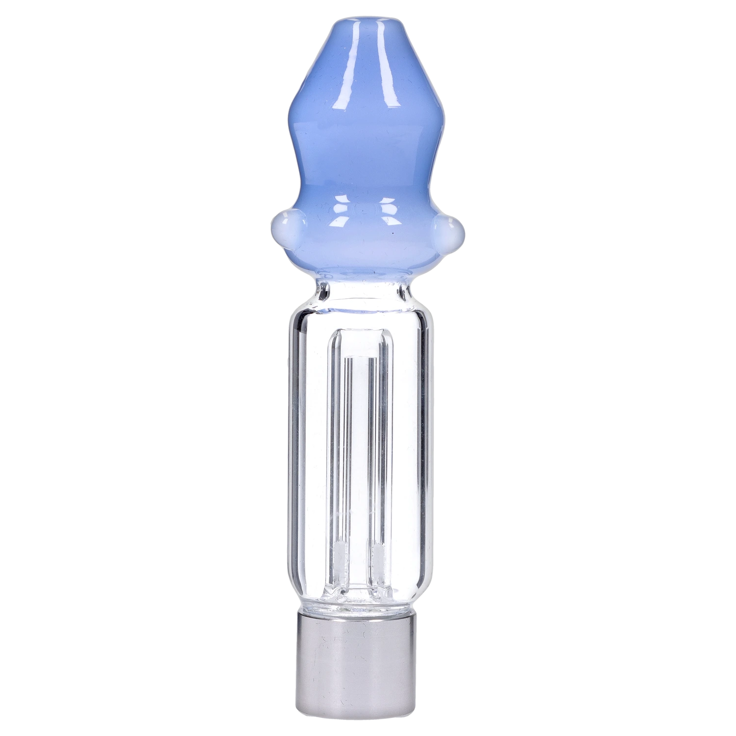 Centered, close-up front view of the Smoke Cartel Mini Mosque Nectar Collector - 10mm showing its light blue frosted tip and clear glass body against a soft gray striped background