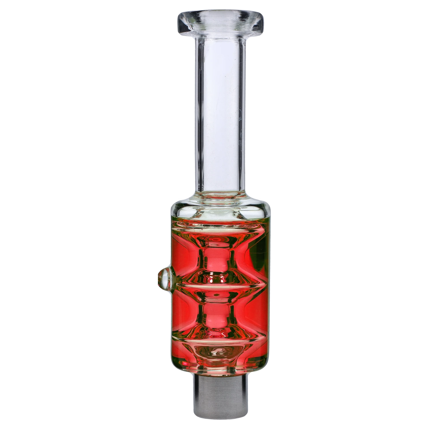 Straight-on view of a clear glass Liquid Nectar Collector Freezable with a glossy red, ribbed midsection and metal tip against a white background