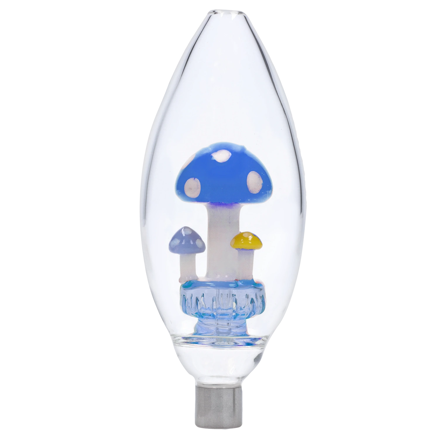 Close-up front view of the Smoke Cartel Egg with Mushroom Perc Nectar Collector - 14mm showing three glass mushrooms (blue, yellow, pale purple) inside a clear teardrop chamber.