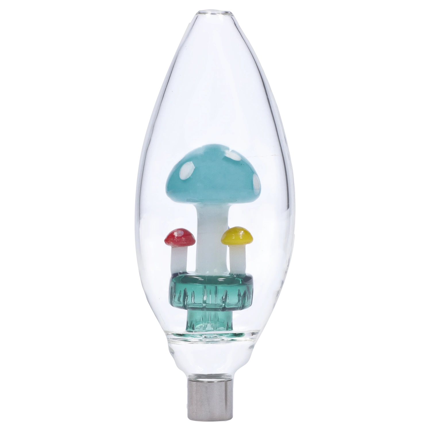 Close-up front view of the Smoke Cartel Egg with Mushroom Perc Nectar Collector - 14mm showing three glass mushrooms (blue, red, yellow) suspended inside a clear egg-shaped chamber.