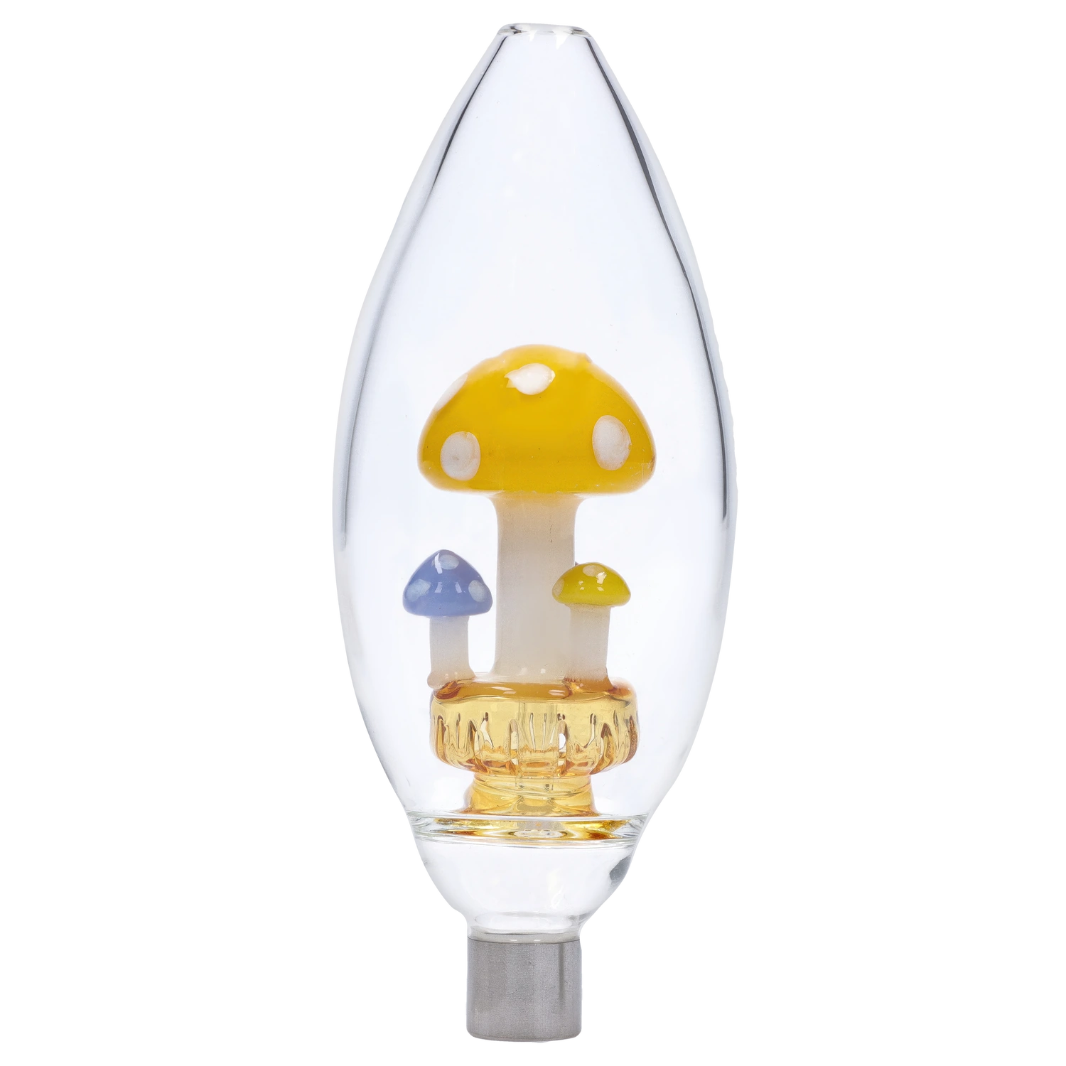 Smoke Cartel Egg with Mushroom Perc Nectar Collector - 14mm shown in close-up, teardrop glass chamber with three small colorful mushroom sculptures inside.