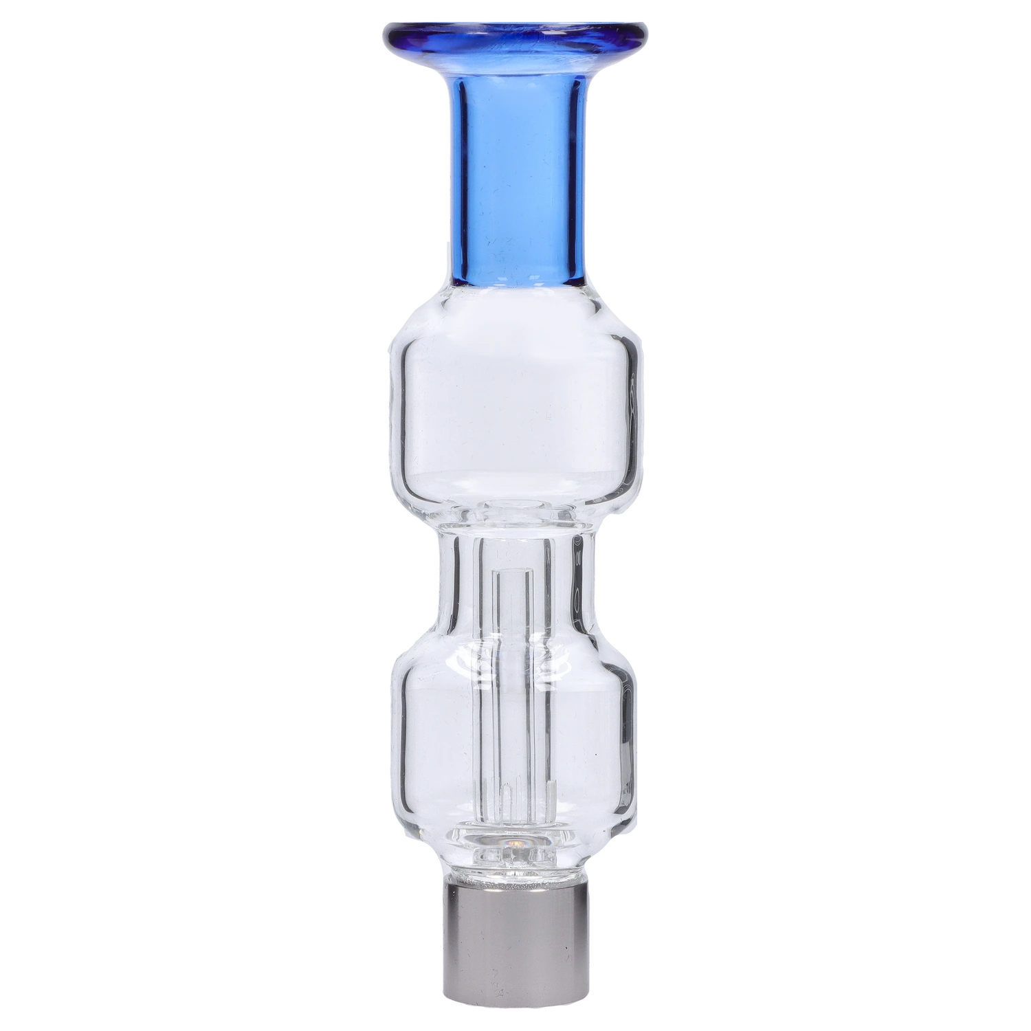 Straight-on close-up of the clear glass Smoke Cartel New Fire Falcon Nectar Collector - 14mm showing stacked bubble chambers and a blue-rimmed mouthpiece.