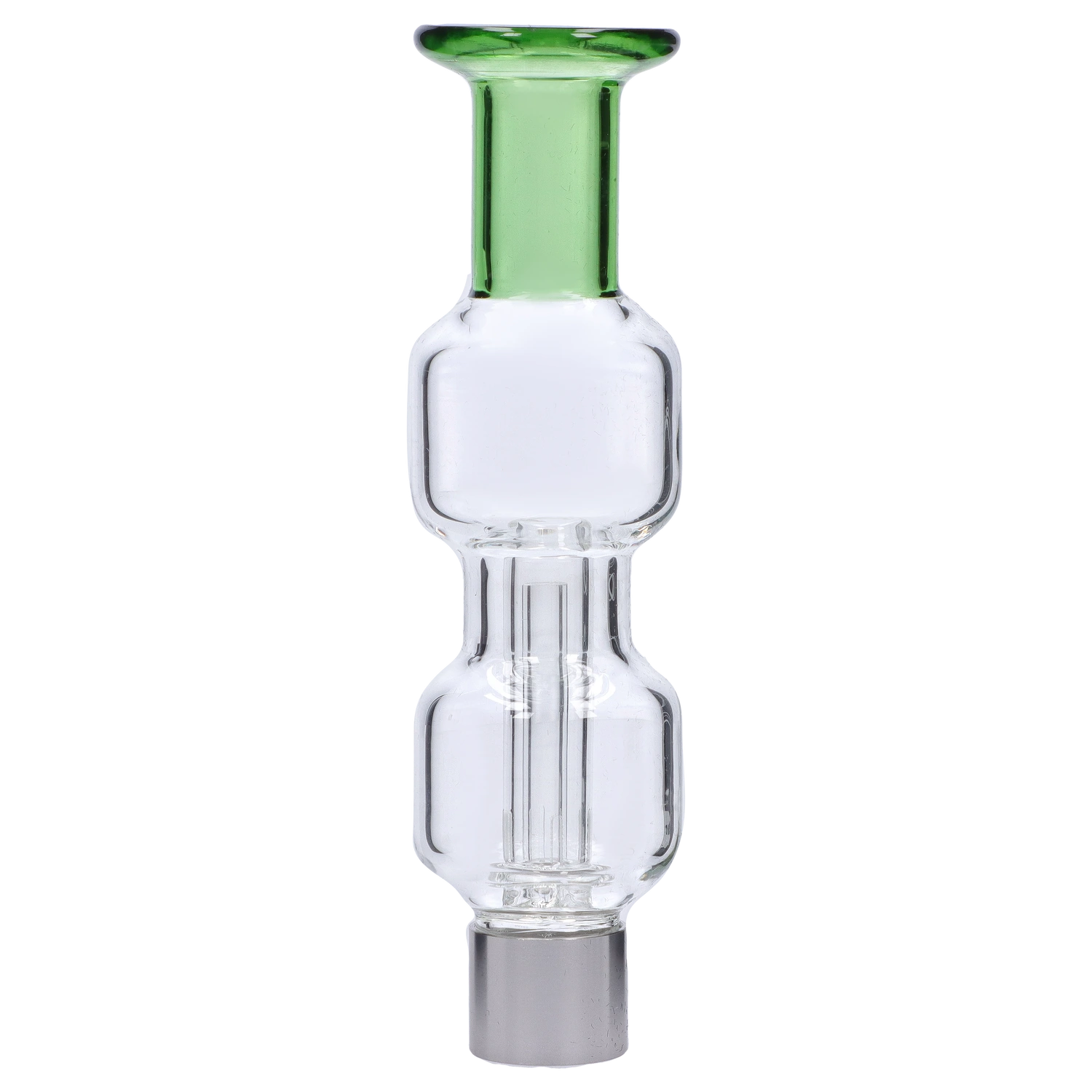 Centered vertical close-up of the Smoke Cartel New Fire Falcon Nectar Collector - 14mm showing its clear glass chamber and green rim against a pale gray background